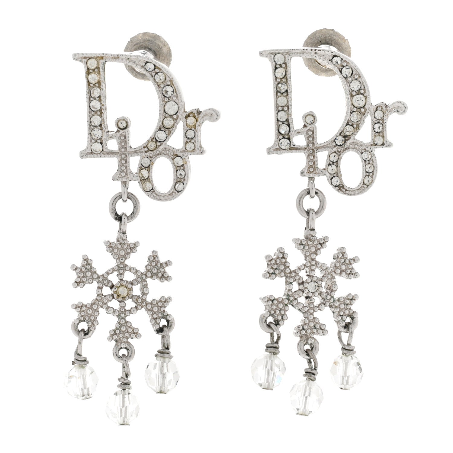 Christian Dior Crystal Logo Snowflake Earrings Silver 1 of 4