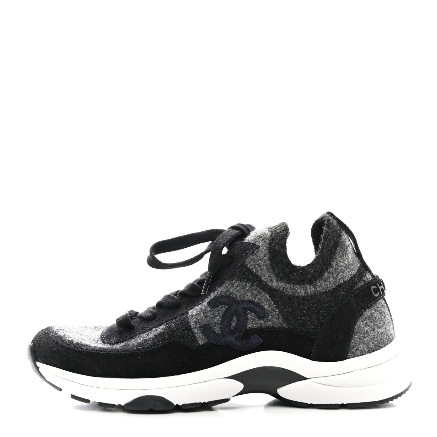 Knit Fabric Suede Calfskin Womens CC Sneakers 36.5 Grey Black