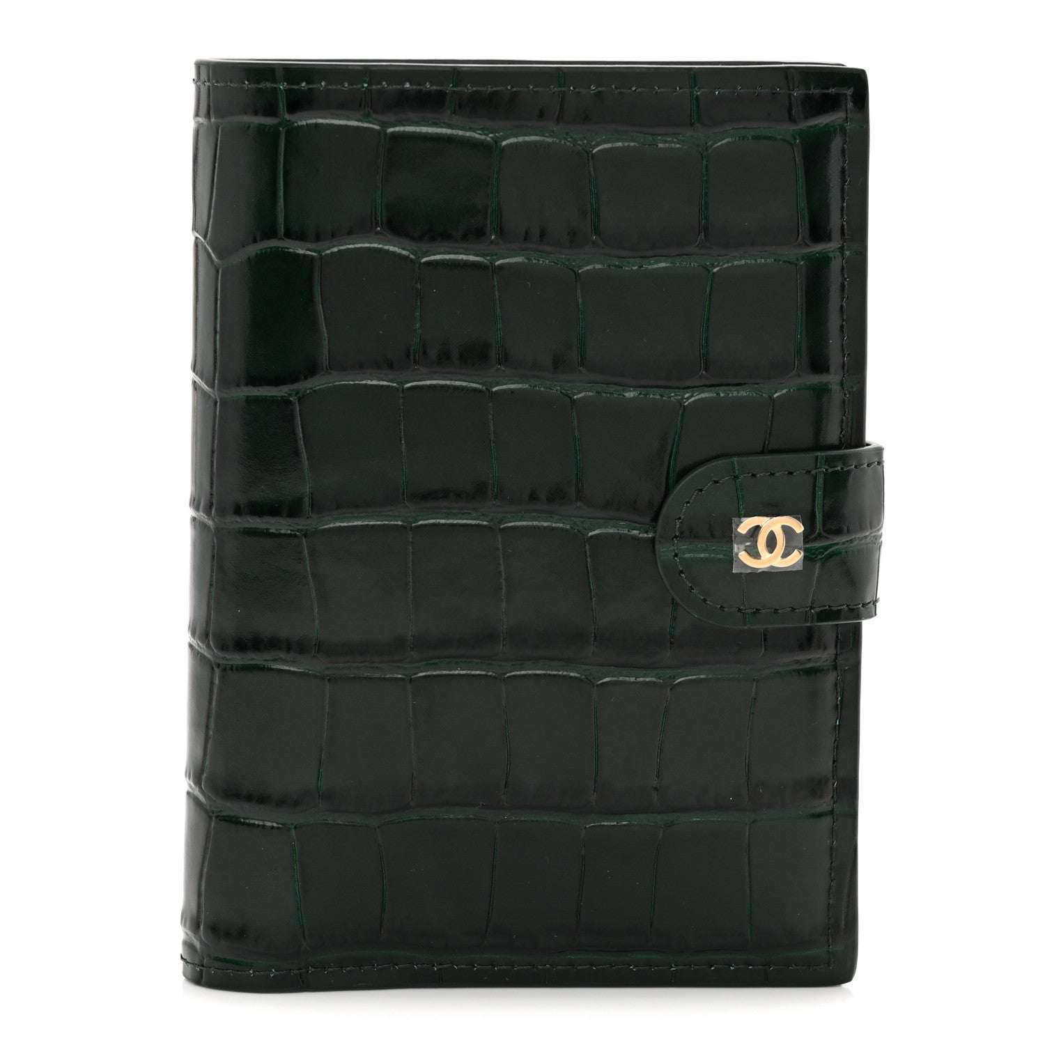 CHANEL ブラックレザー ケース Chanel Calfskin Crocodile Embossed Crococo Passport Holder Emerald