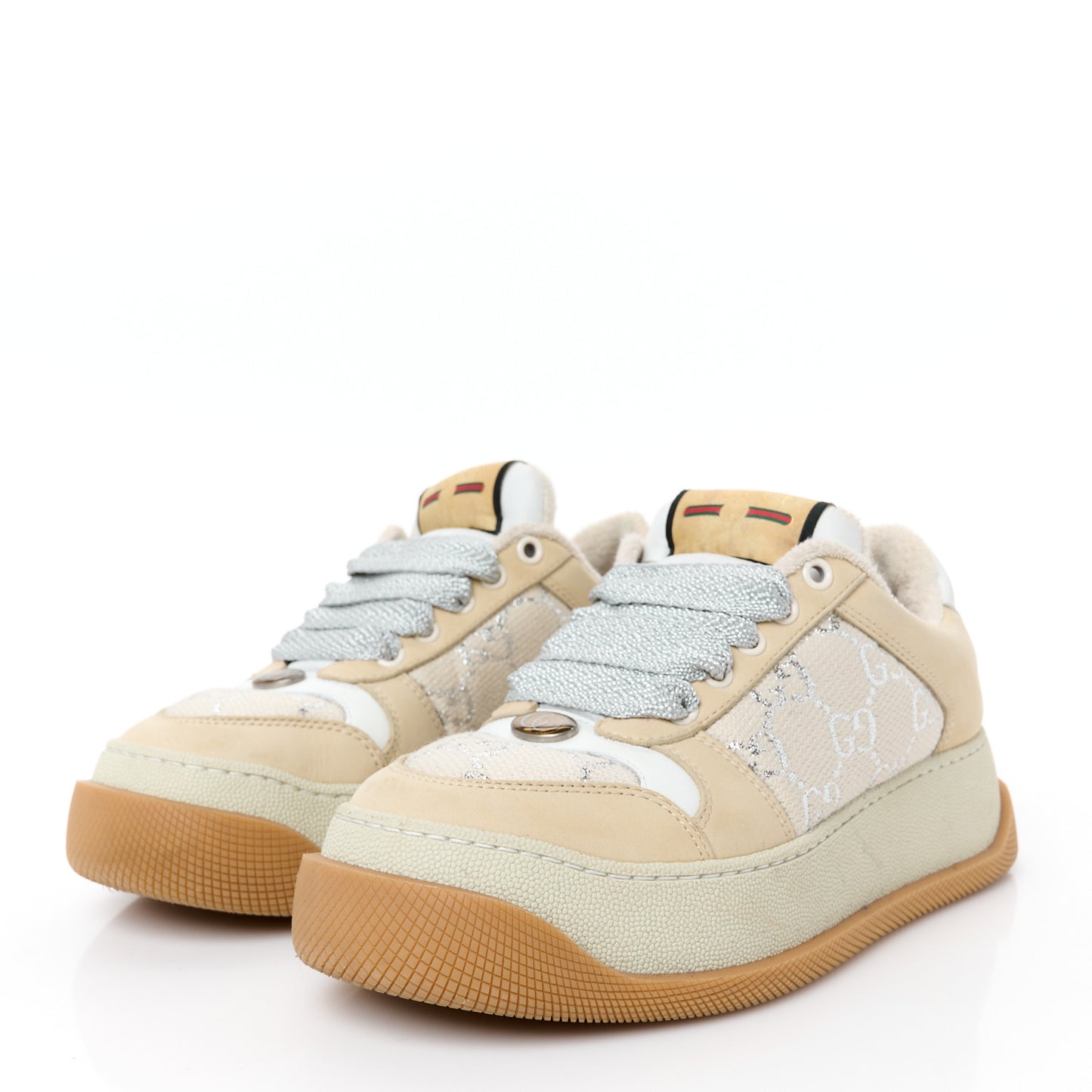 Lame Canvas Nubuck GG Monogram Womens Screener 50mm Sneakers 35 Gardenia Silver Dusty Milk White Mystic White