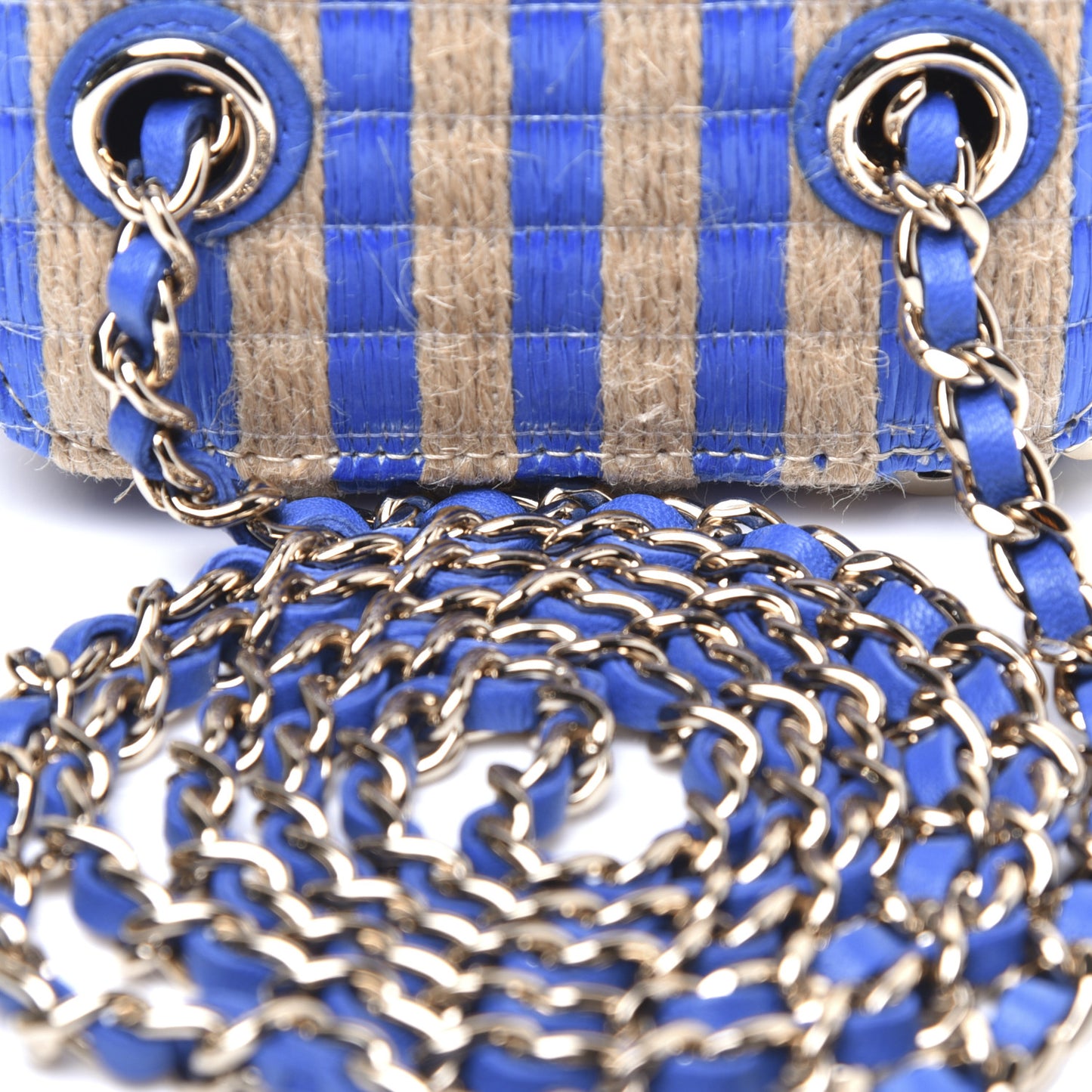 Raffia Jute Striped Mini Vanity Case With Chain Blue Beige
