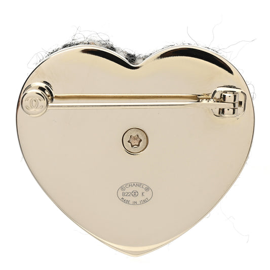 Tweed CC Heart Brooch Ivory Black Gold