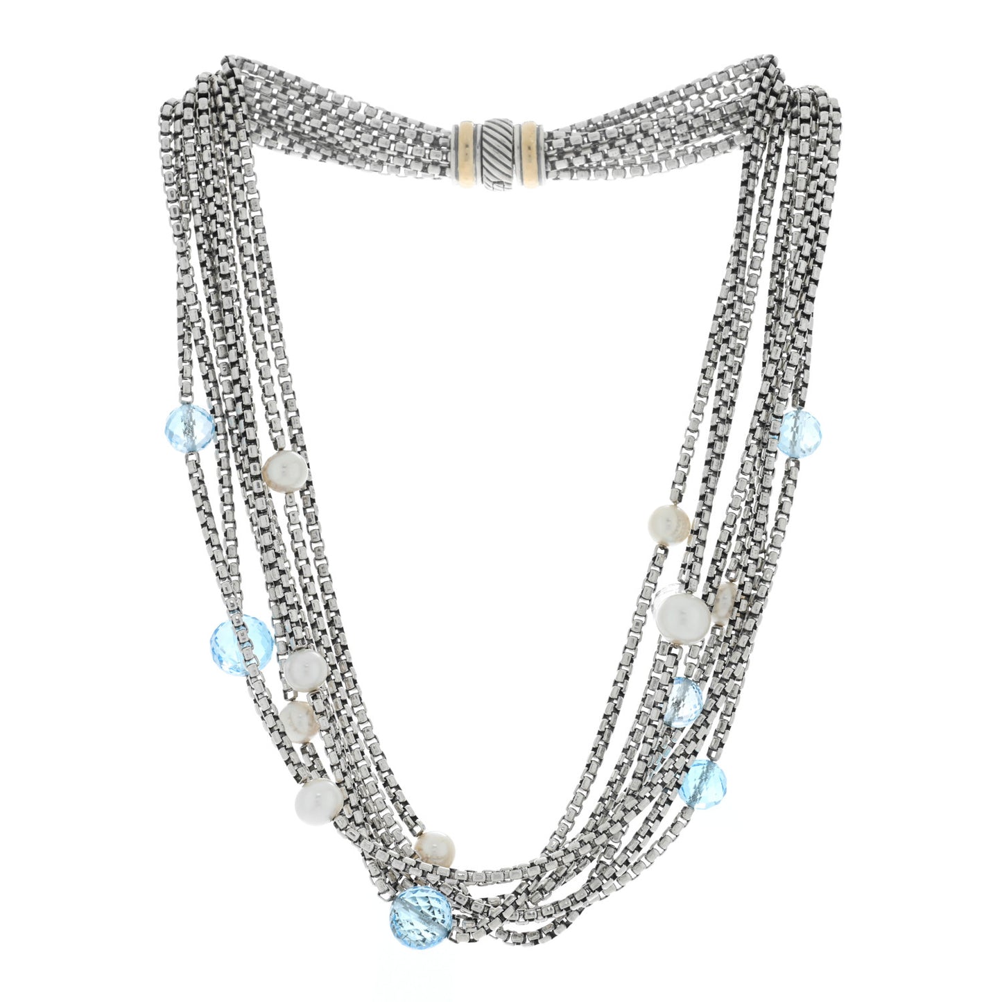Sterling Silver 18K Yellow Gold Freshwater Cultured Pearl Blue Topaz Multi Strand Necklace