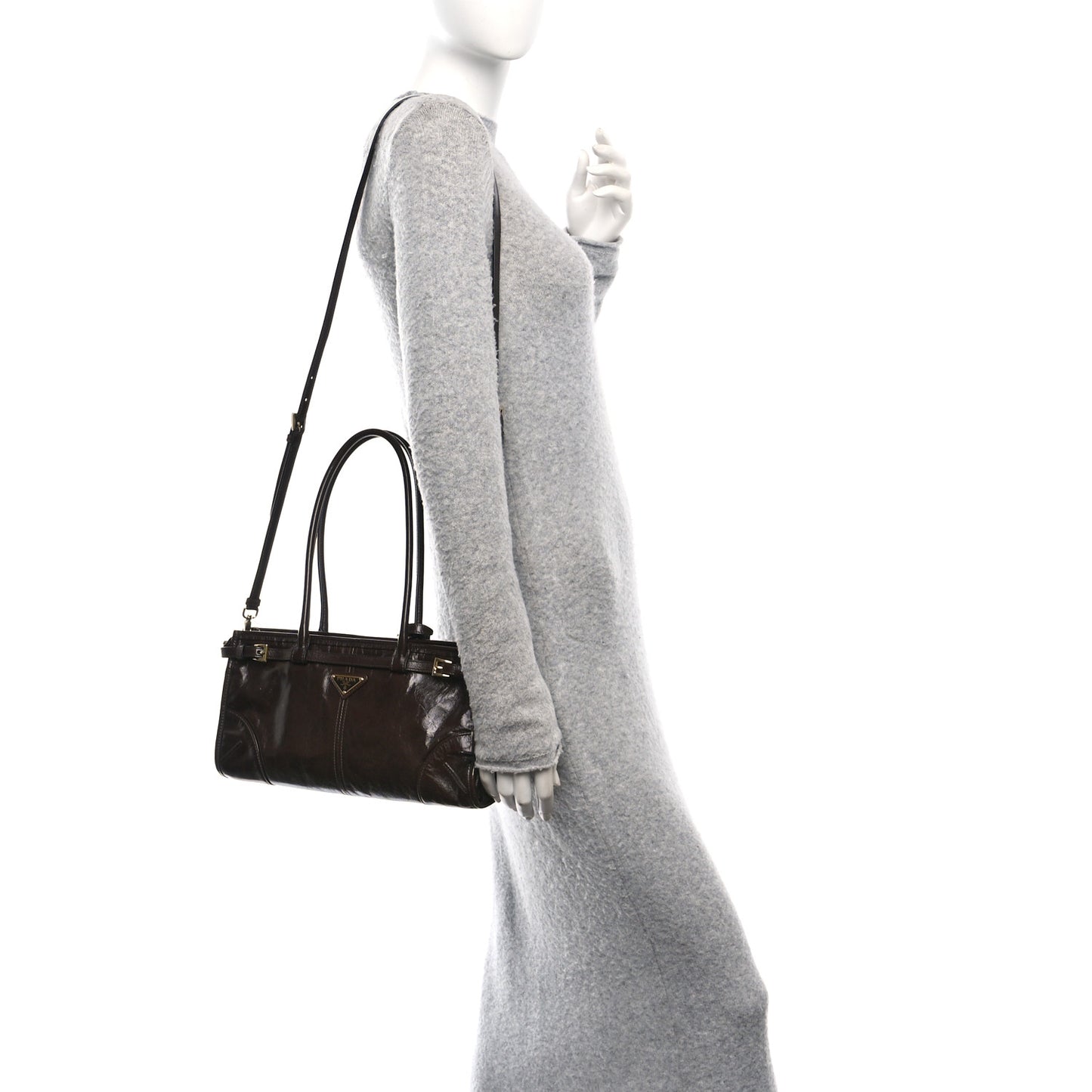 Glossy Calfskin Triangle Medium Bonnie Shoulder Bag Dark Brown