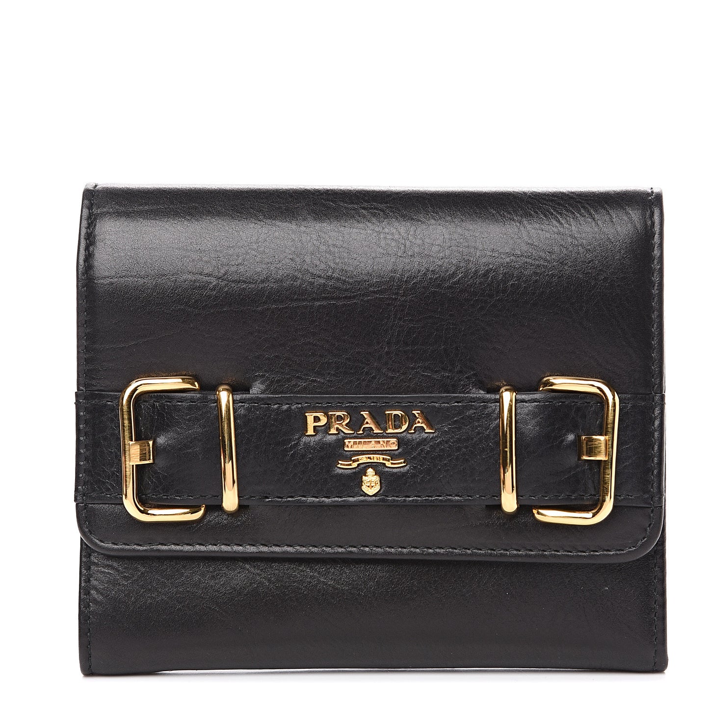 Soft Calfskin Strip Tri-Fold Compact Wallet Black