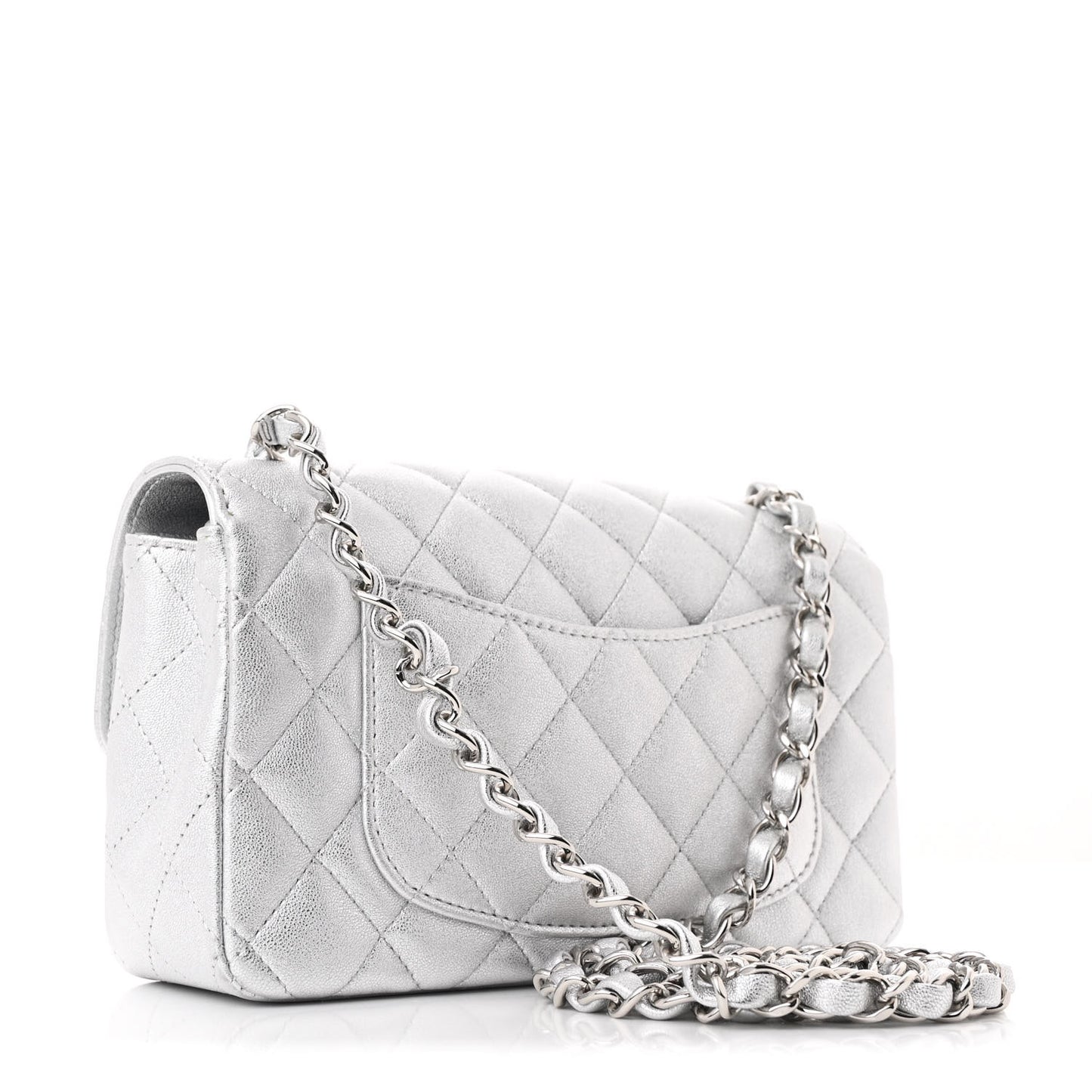 Metallic Calfskin Quilted Mini Rectangular Flap Silver