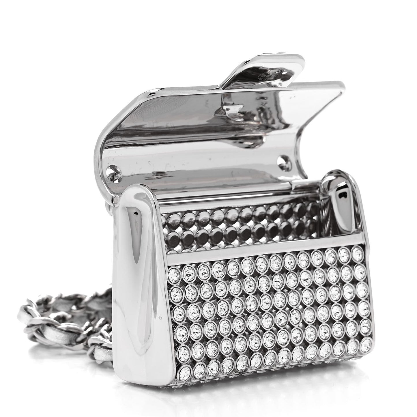 Metal Lambskin Strass Crystal Purse CC Long Necklace Silver