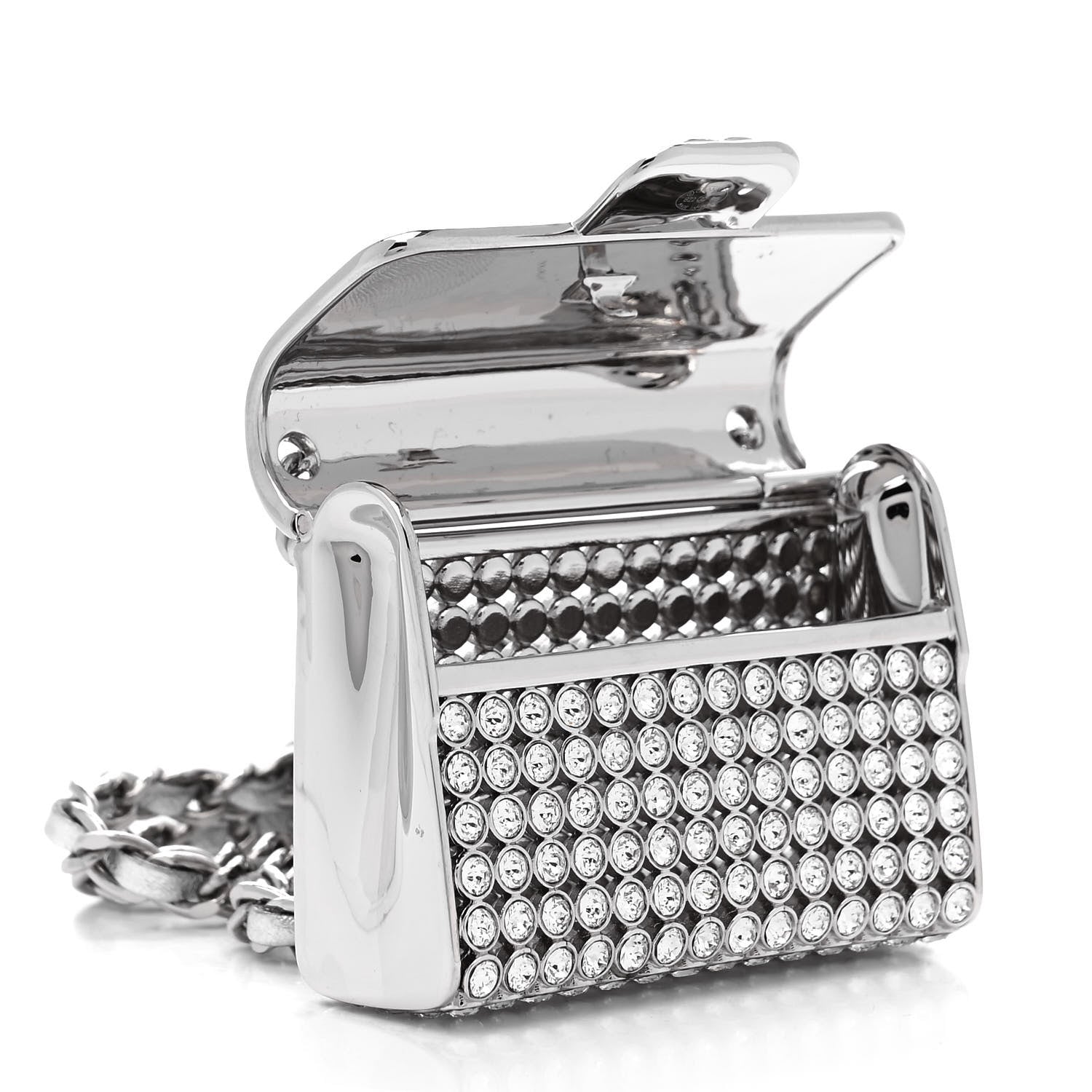 Chanel Metal Lambskin Strass Crystal Purse CC Long Necklace Silver 5 of 6