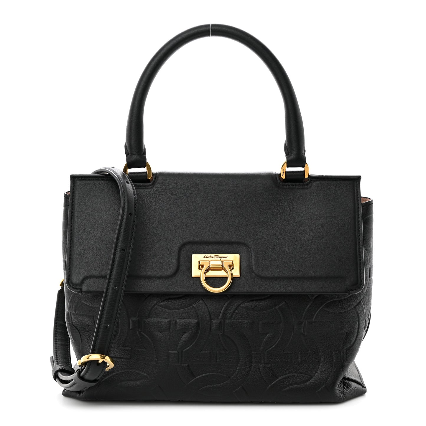 Calfskin Gancini Embossed Trifolio Top Handle Bag Black