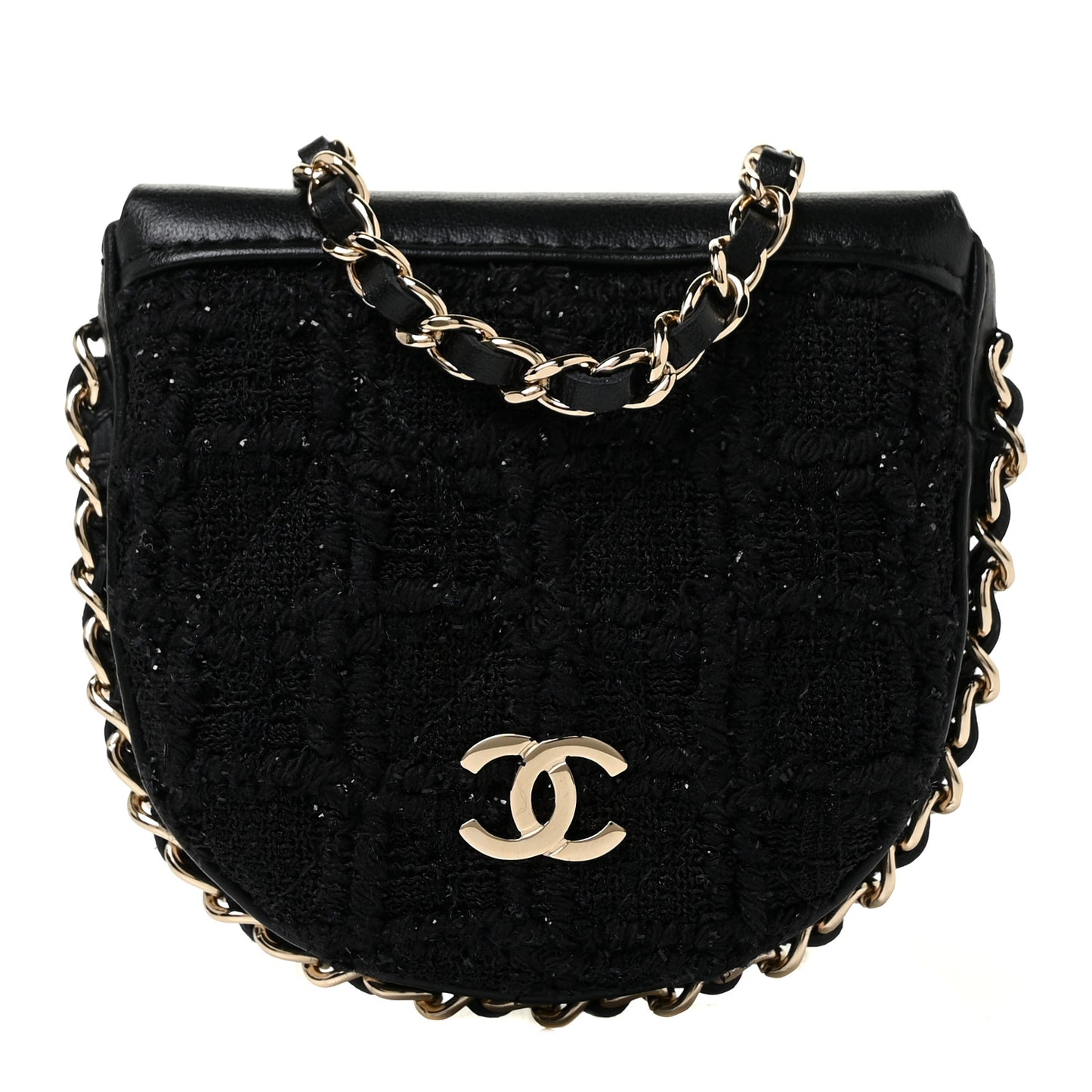 Tweed Quilted Tray Coin Purse With Chain Black