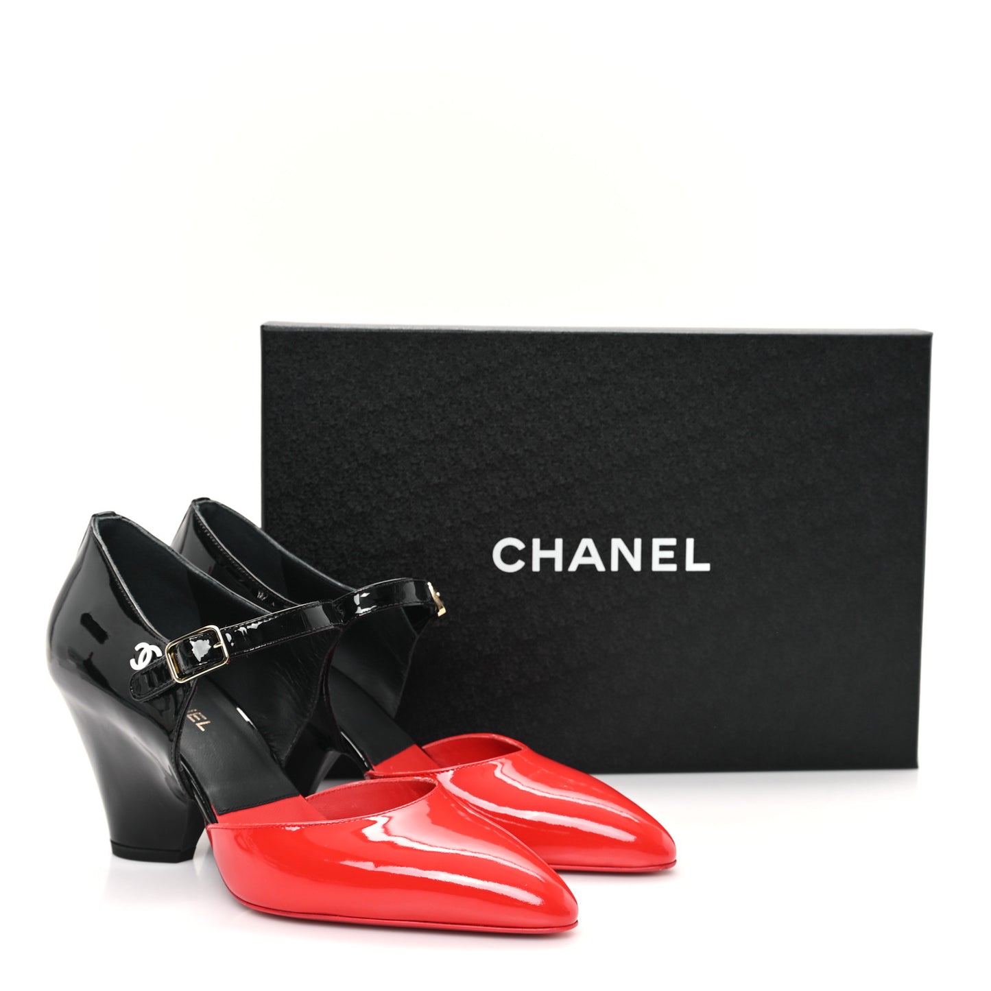 Patent Calfskin CC Pumps 38.5 Pink Black