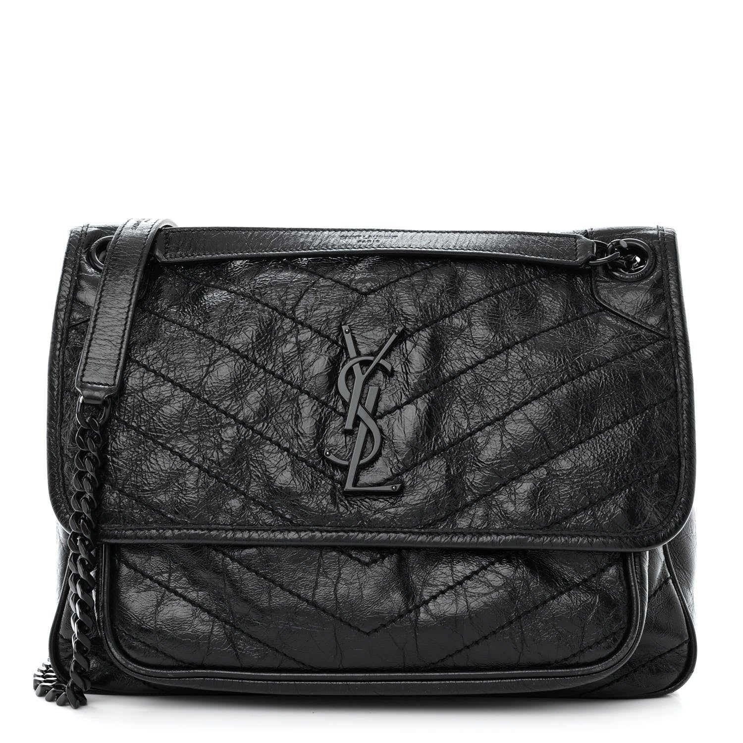 Saint Laurent Crinkled Calfskin Matelasse Monogram Medium Niki Chain Satchel Black 1 of 12