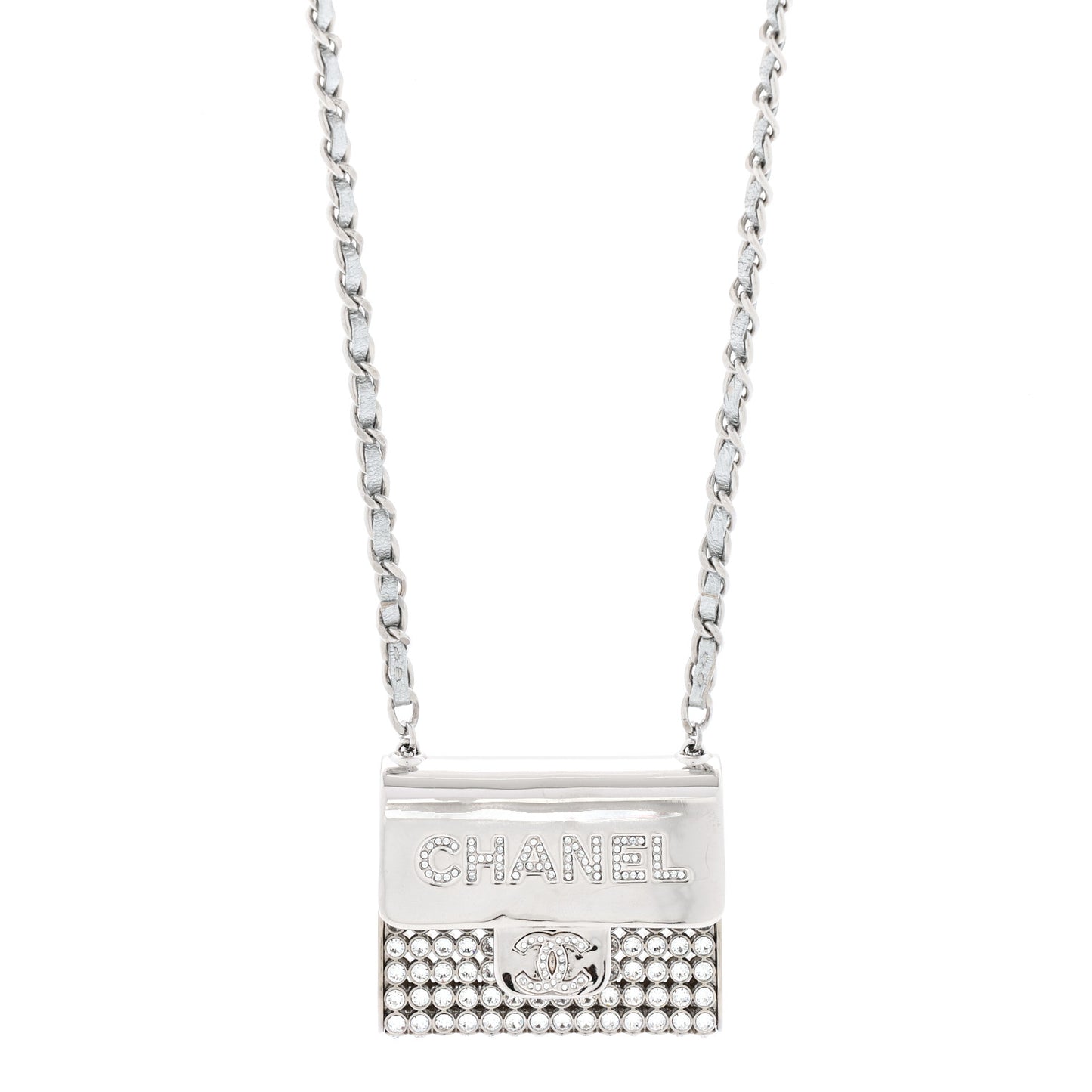 Metal Lambskin Strass Crystal Purse CC Long Necklace Silver
