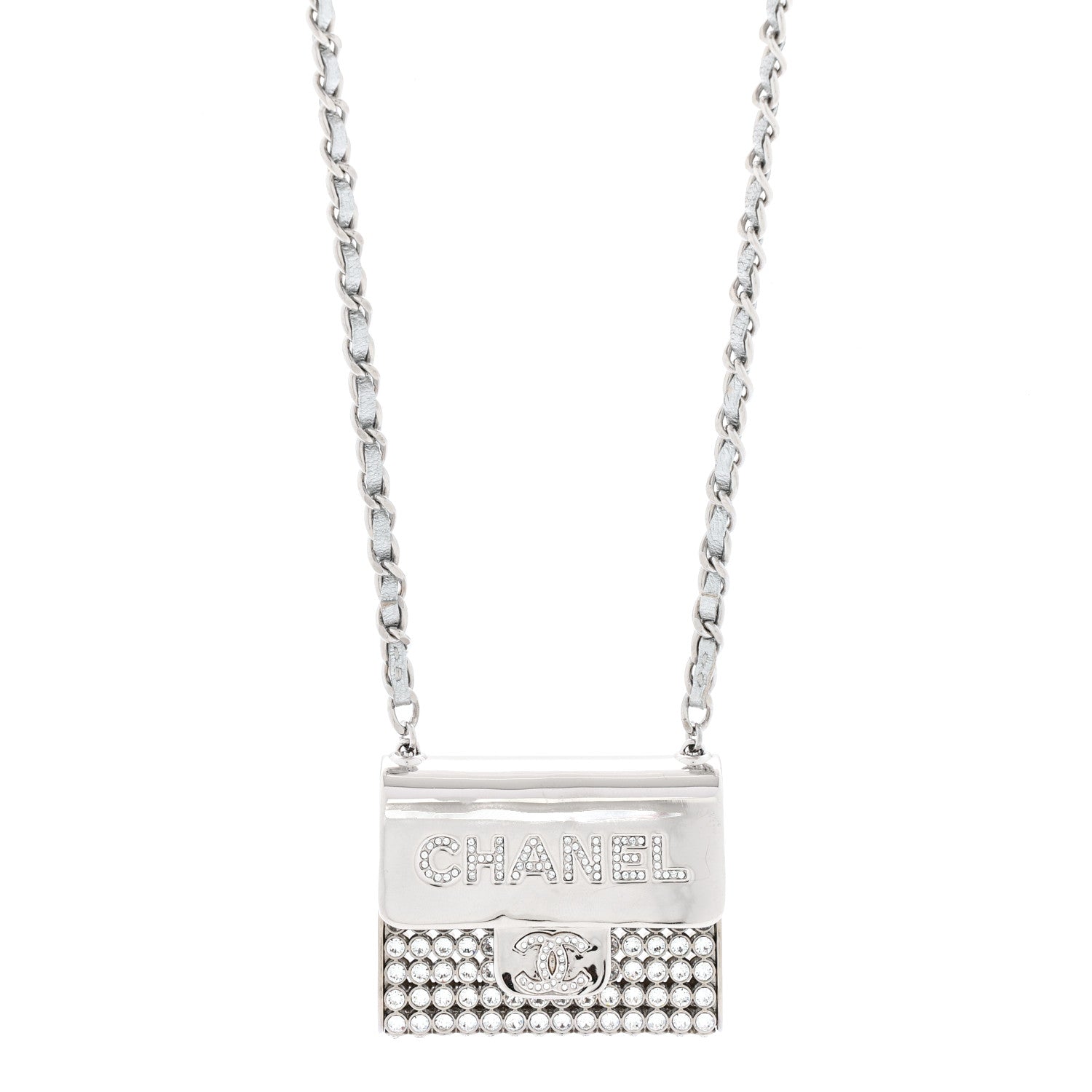 Chanel Metal Lambskin Strass Crystal Purse CC Long Necklace Silver 4 of 6