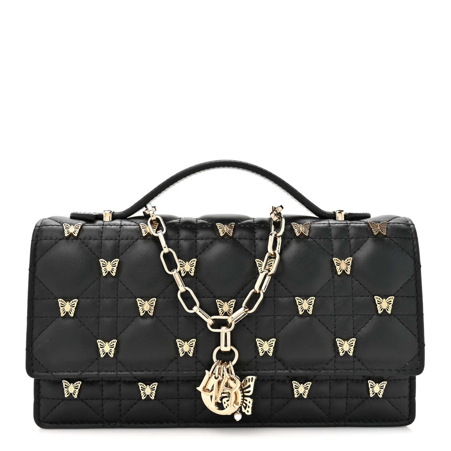 Lambskin Cannage Butterfly Studs Miss Dior Pouch Black