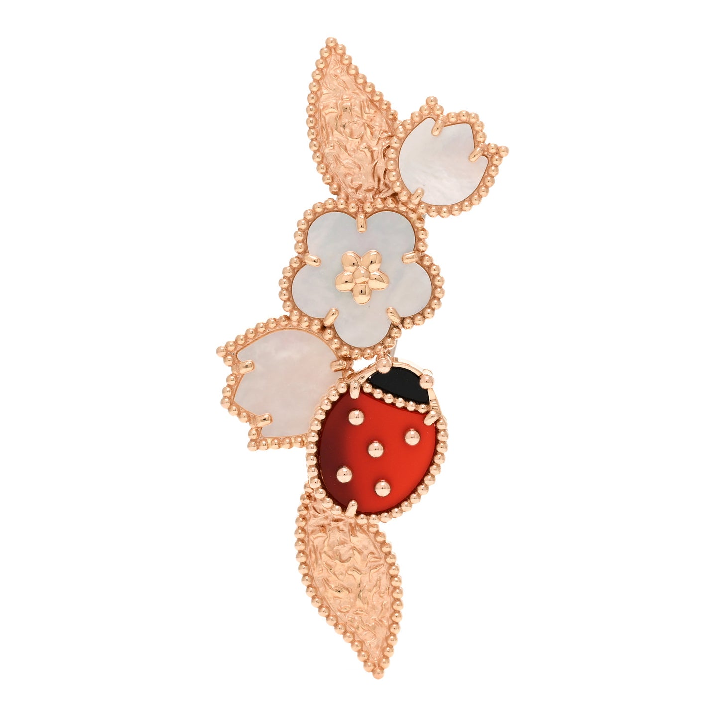 18K Rose Gold Mother of Pearl Carnelian Black Onyx Lucky Spring Brooch