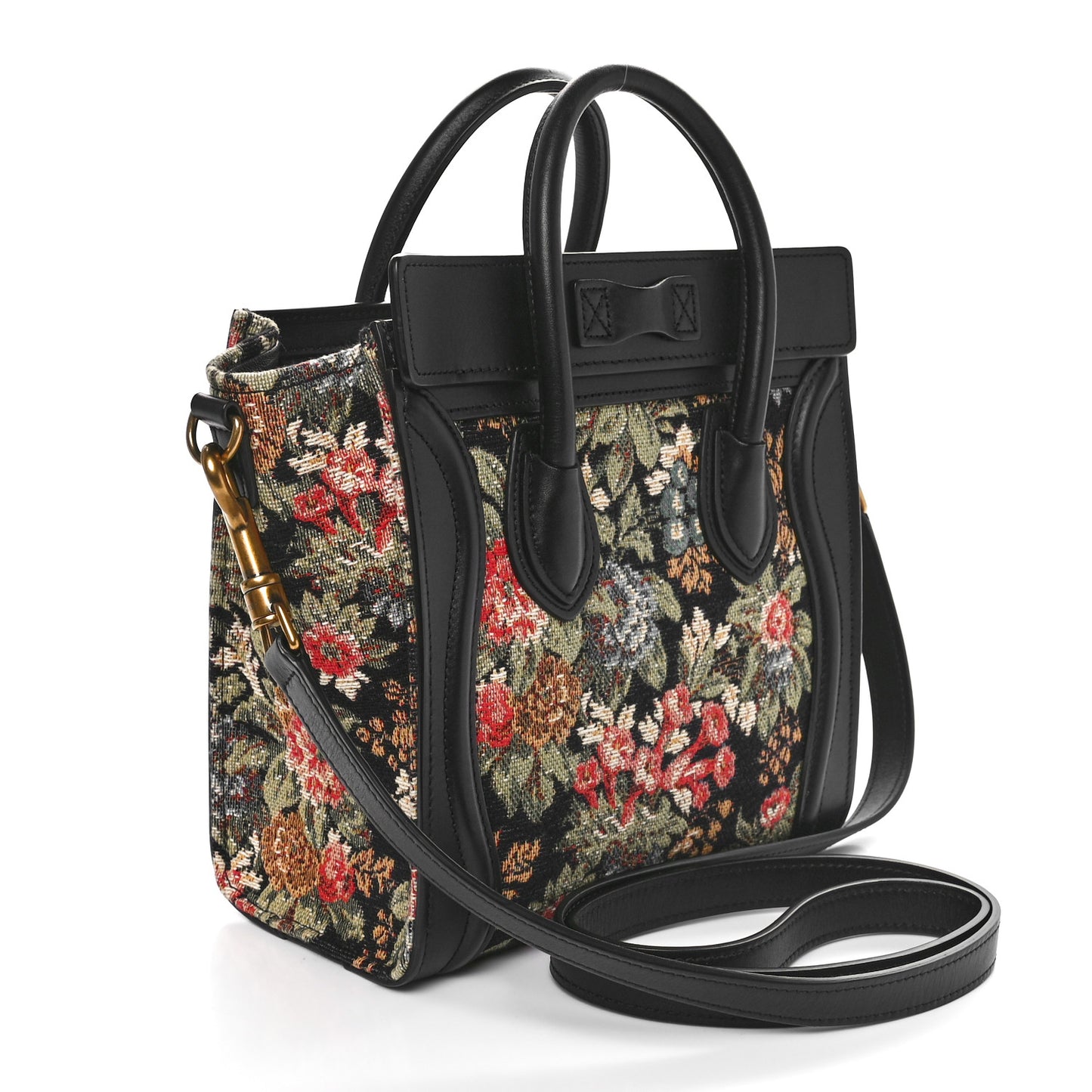 Calfskin Lambskin Canvas Jacquard Floral Nano Luggage Black