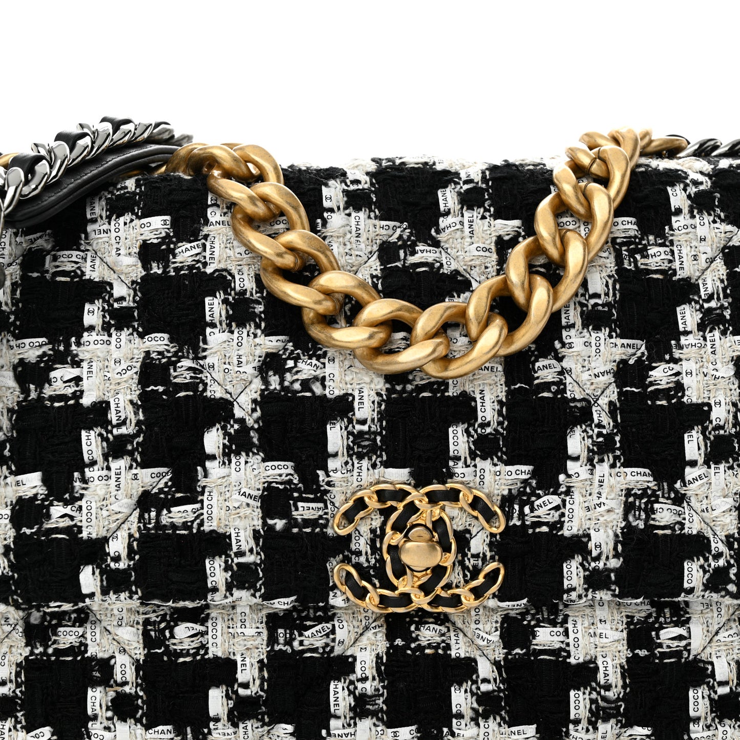 Tweed Quilted Large Chanel 19 Flap Black Ecru White