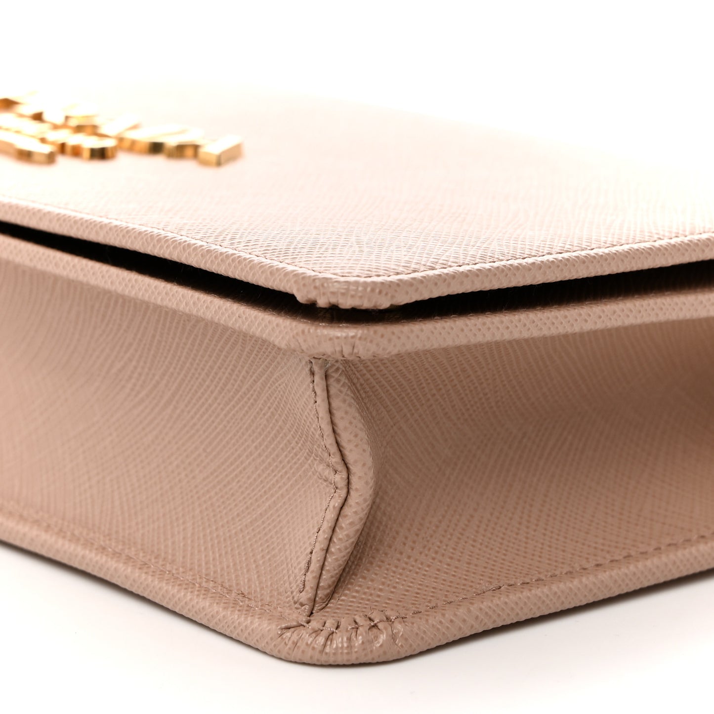 Saffiano Lux Metal Logo Mini Chain Flap Crossbody Bag Cipria