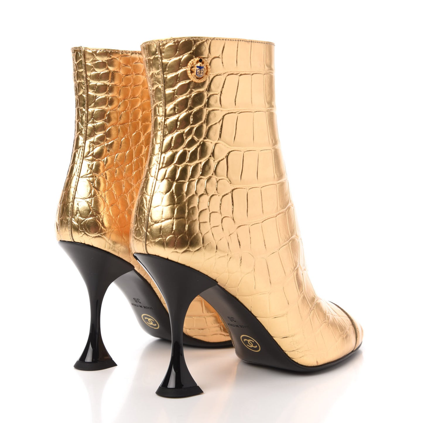 Calfskin Crocodile Embossed Cap Toe Ankle Boots 36 Gold