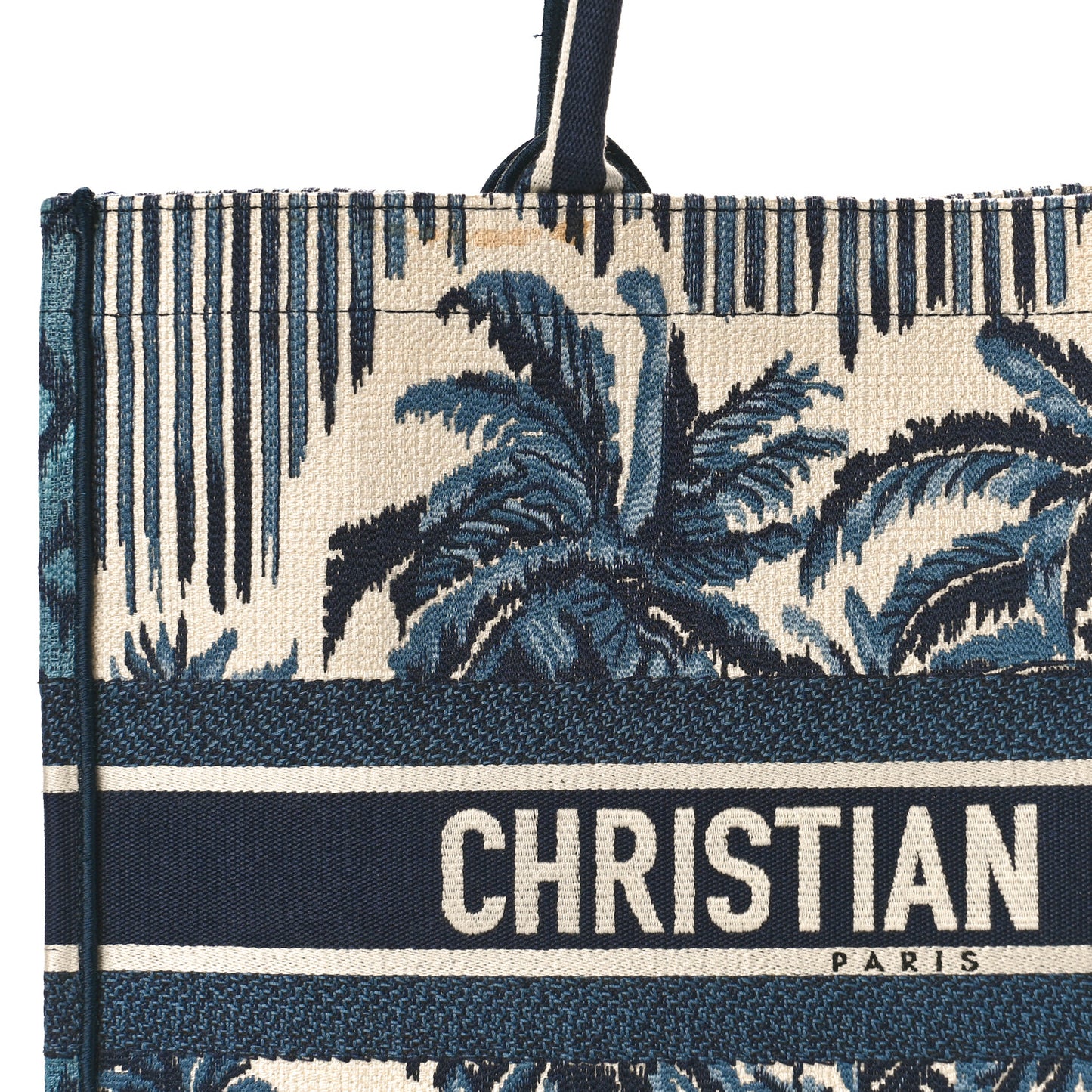 CHRISTIAN DIOR Canvas Embroidered Large Palm Tree Toile De Jouy Book Tote Blue Multicolor