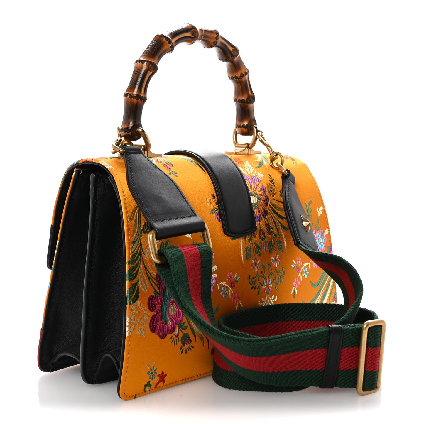 Satin Calfskin Bamboo Web Tokyo Print Medium Dionysus Top Handle Bag Giallo Multicolor Blue Agata Hibiscus Red