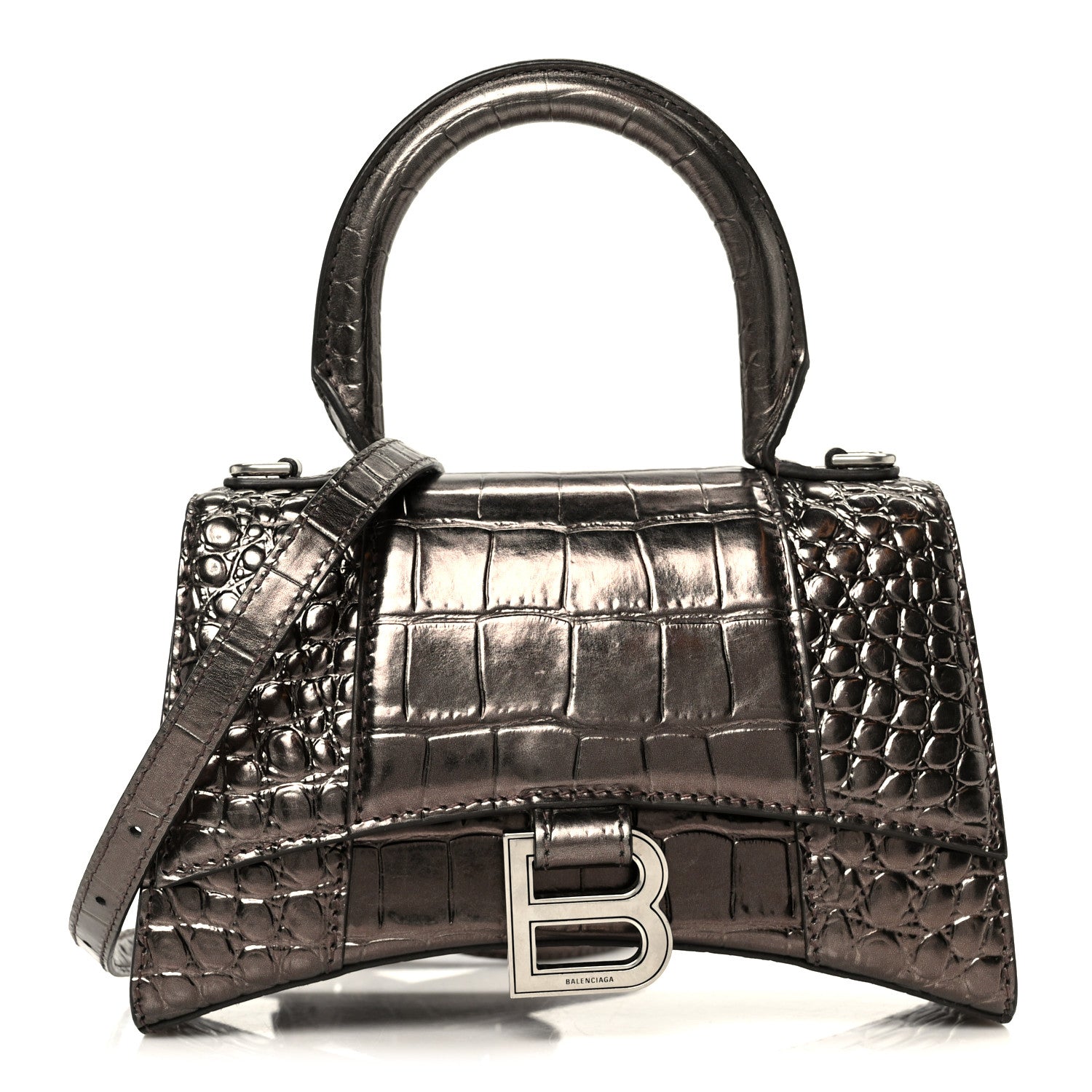 Balenciaga Metallic Shiny Calfskin Crocodile Embossed Hourglass