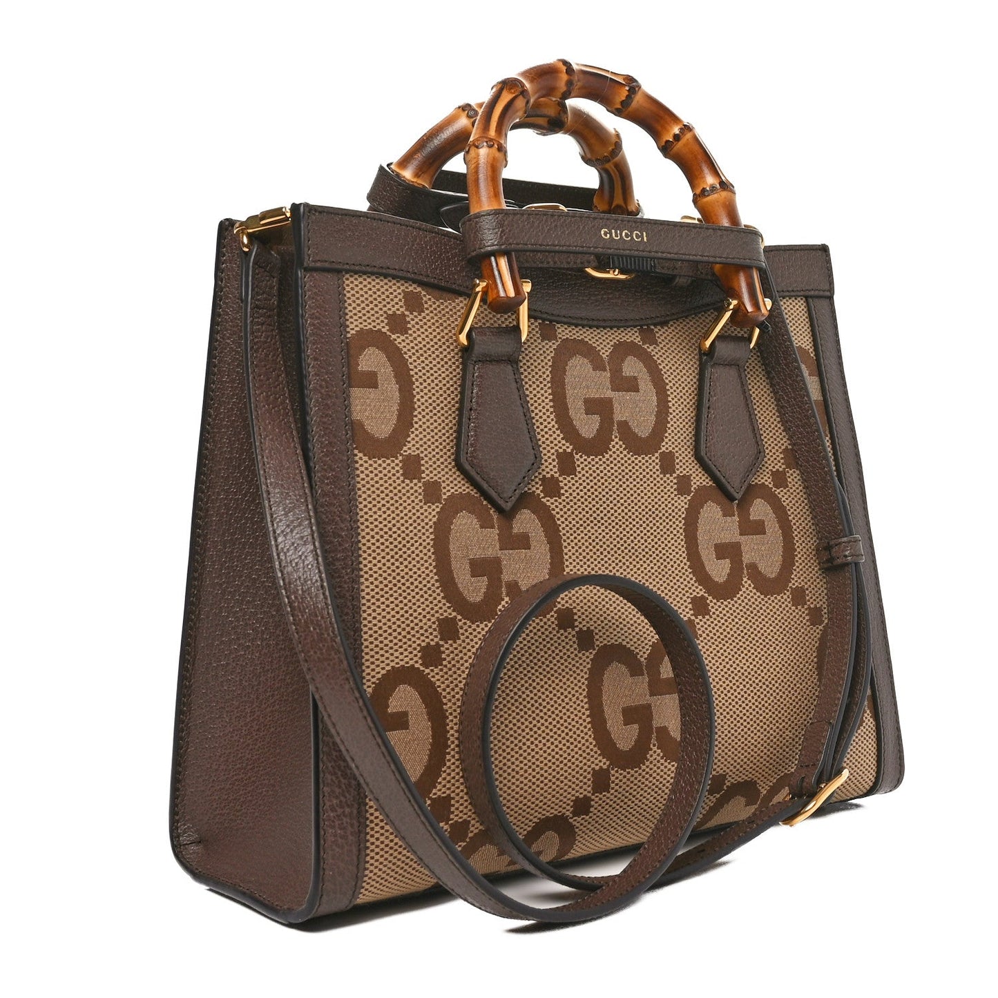 Monogram Jumbo GG Textured Dollar Calfskin Small Diana Tote Bag Camel Ebony New Acero