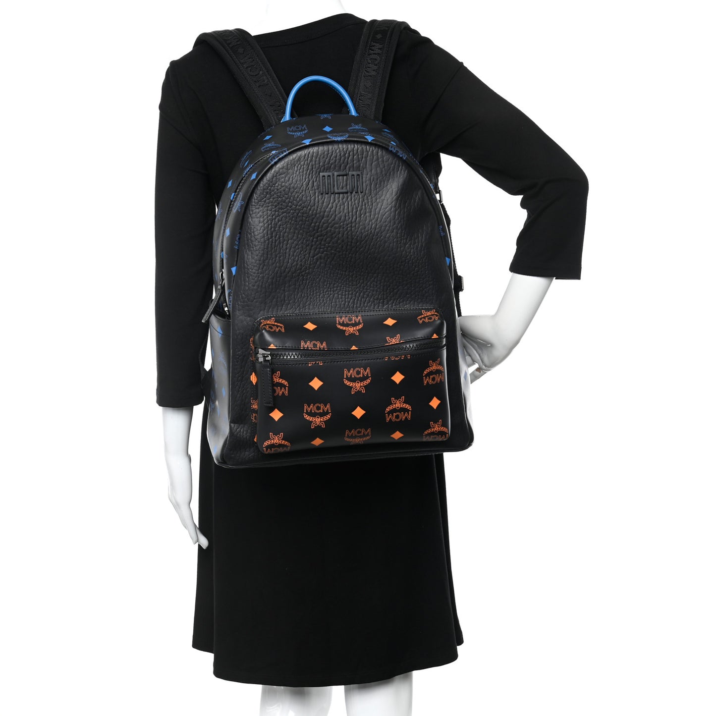 Grained Calfskin Visetos Color Splash Medium Backpack Black Orange Blue