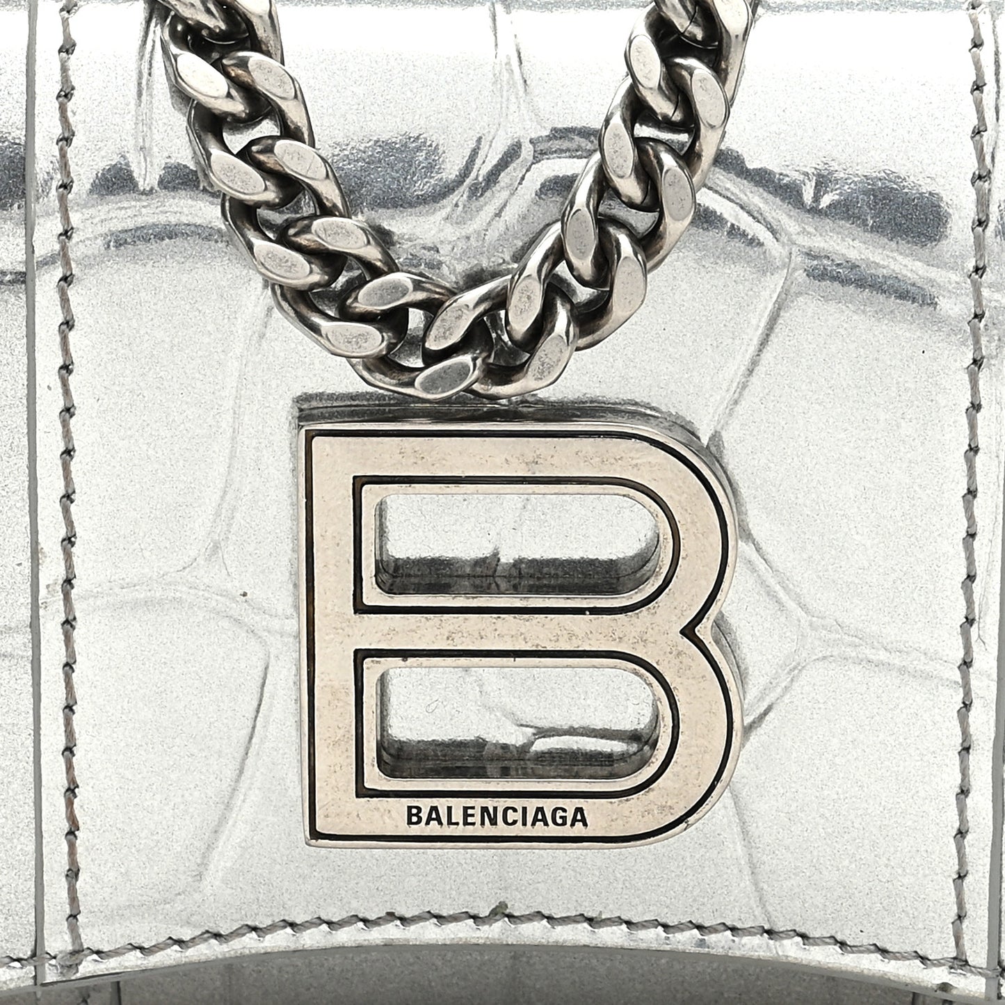 Metallic Calfskin Crocodile Embossed Mini Hourglass Wallet on Chain Silver