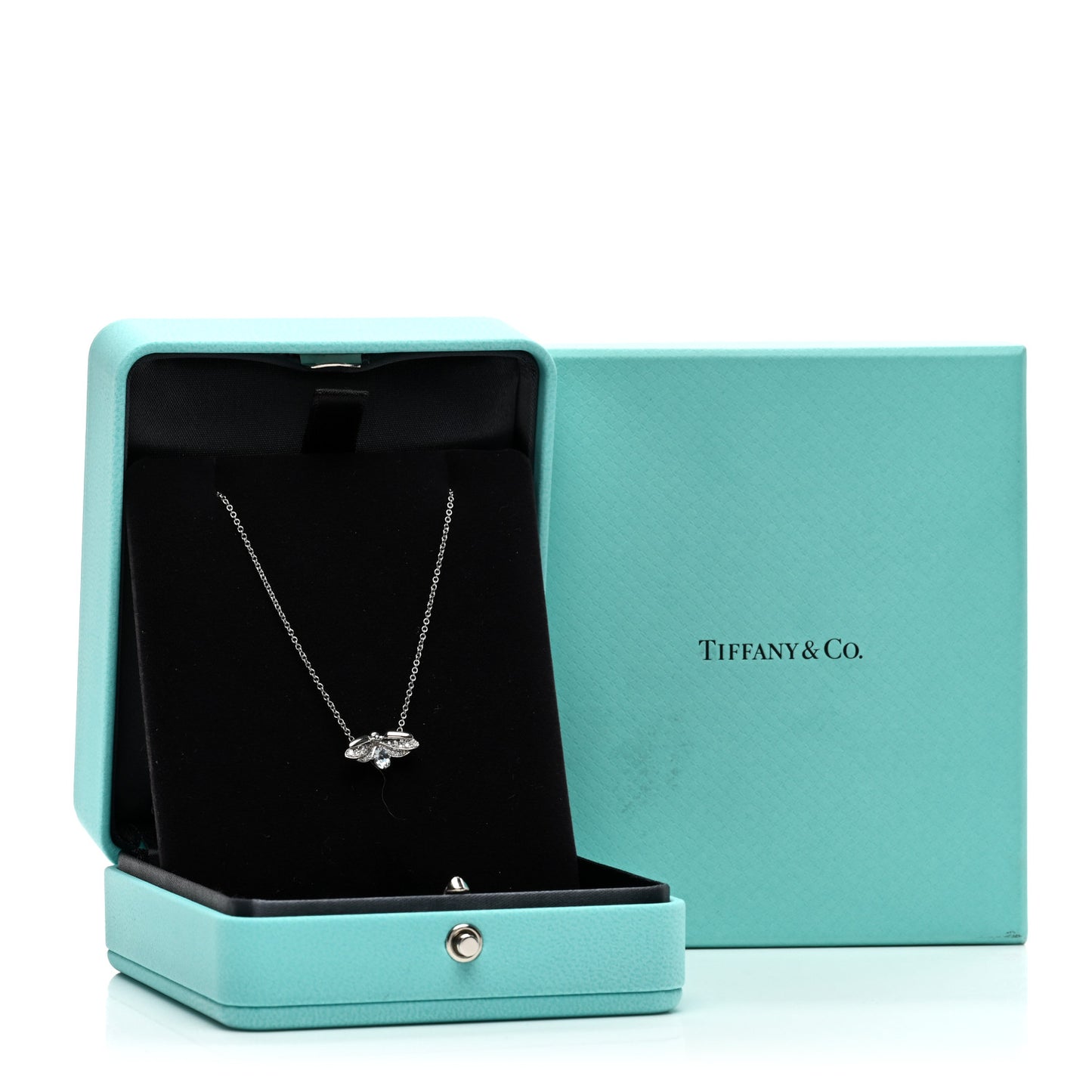 Platinum Diamond Aquamarine Paper Flowers Firefly Pendant Necklace