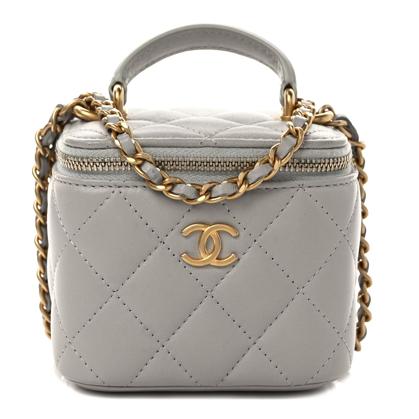 Lambskin Quilted Top Handle Mini Vanity Case With Chain Grey