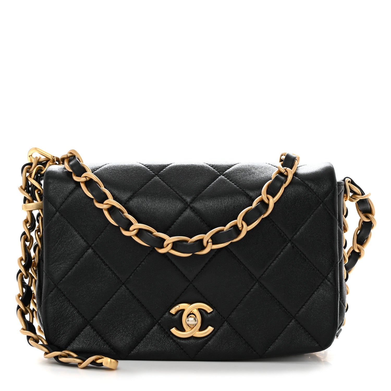 Chanel Shiny Lambskin Quilted Chain Around Flap Bag Black 
