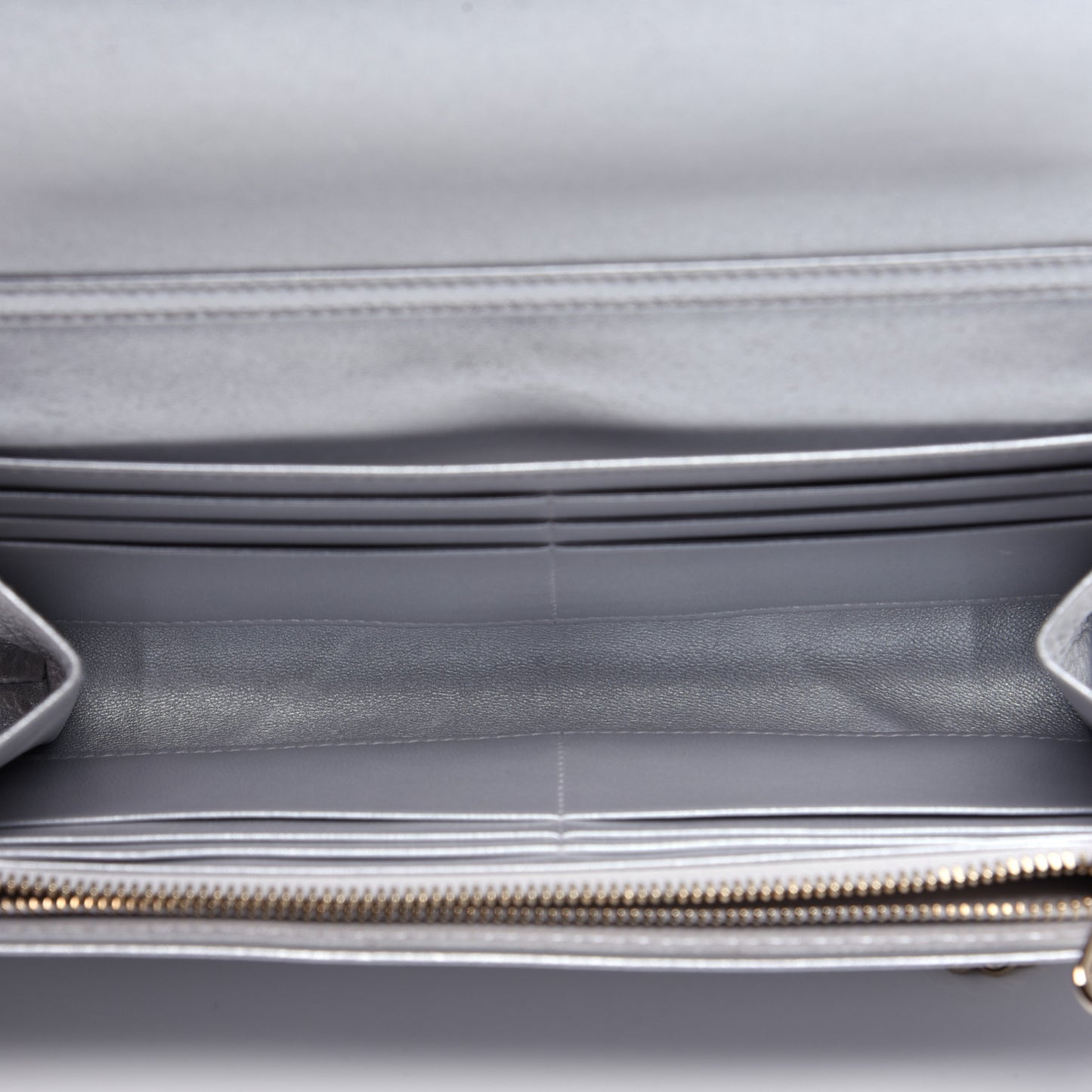 Metallic Grained Calfskin Diorama Croisiere Chain Wallet Silver