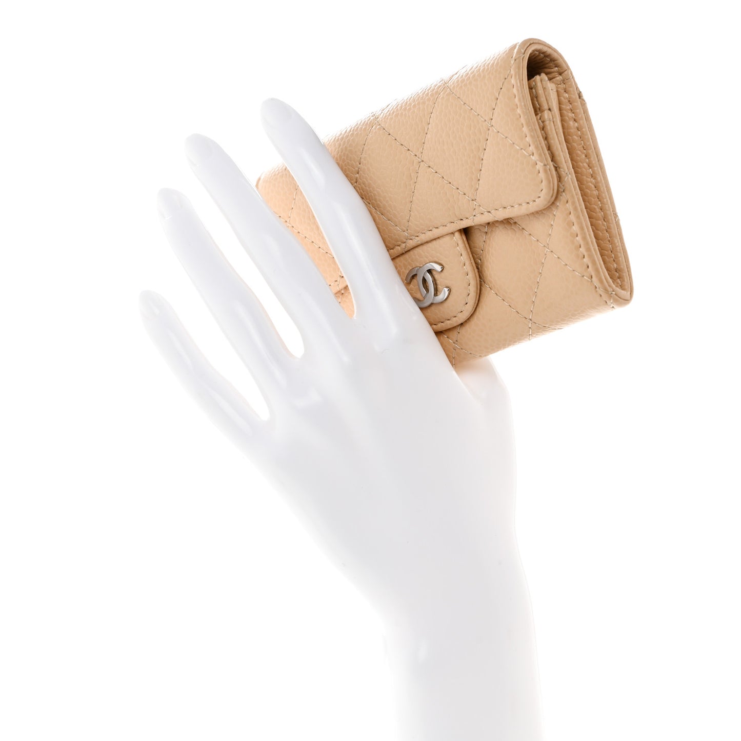 Caviar Quilted Flap Card Holder Wallet Beige