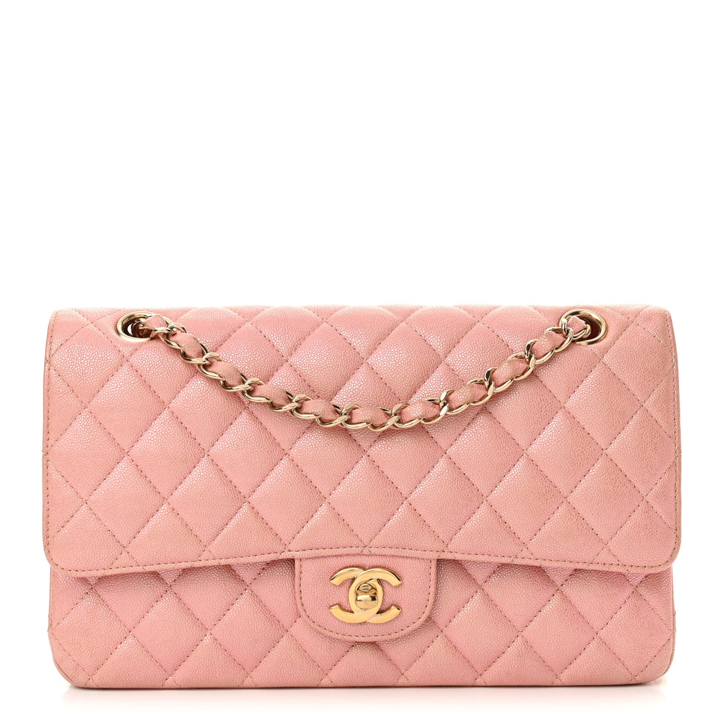 Iridescent Caviar Quilted Medium Double Flap Rose Pink
