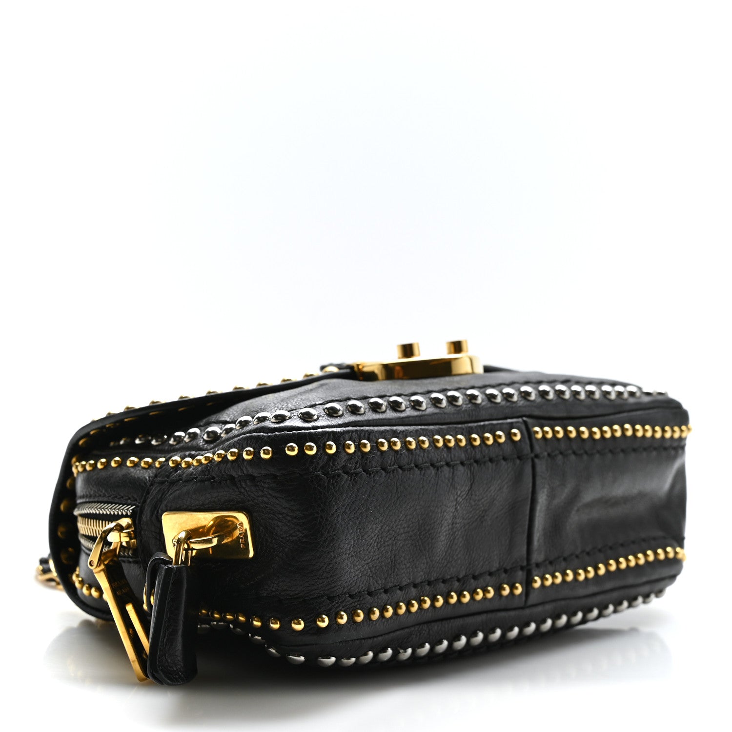 Prada Glace Calf Studded Pushlock Chain Shoulder Bag Black 4 of 8