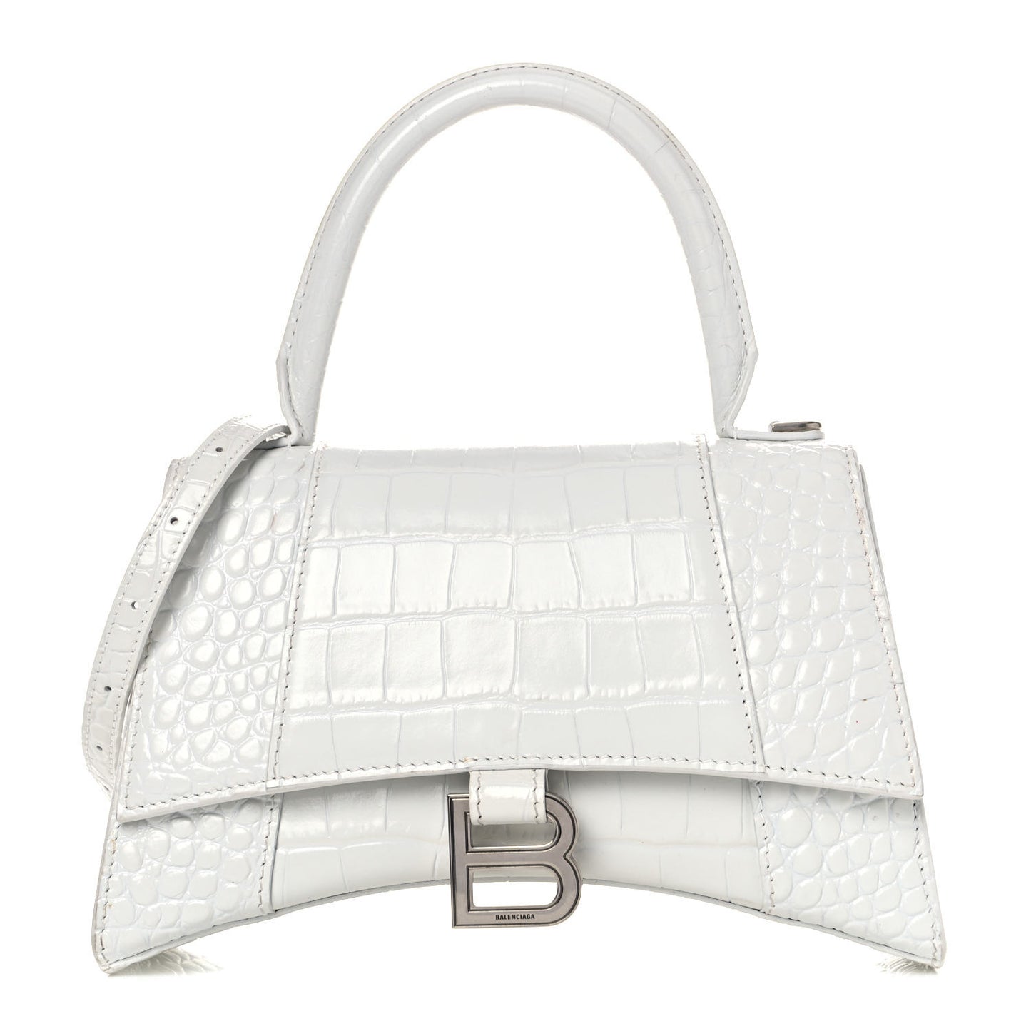 Calfskin Crocodile Embossed Small Hourglass Top Handle Bag White