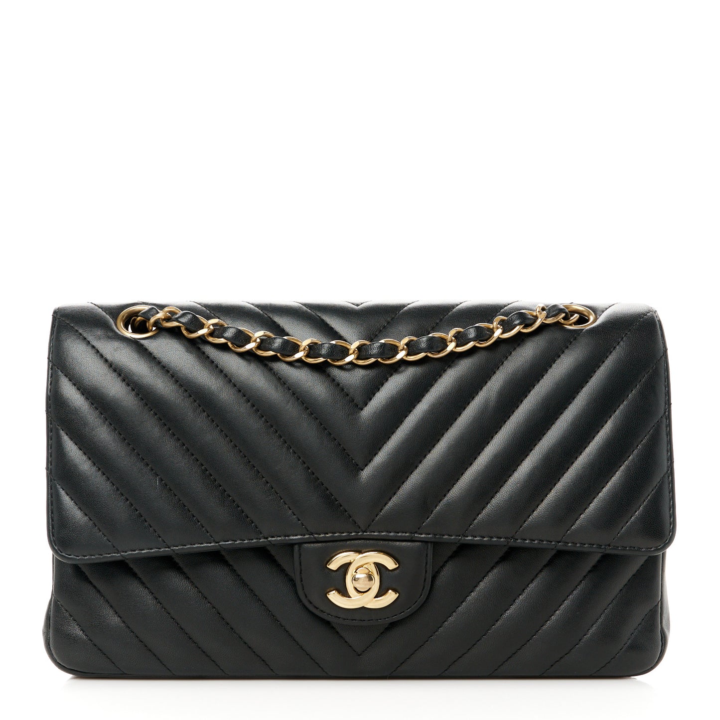 Lambskin Chevron Quilted Medium Double Flap Black