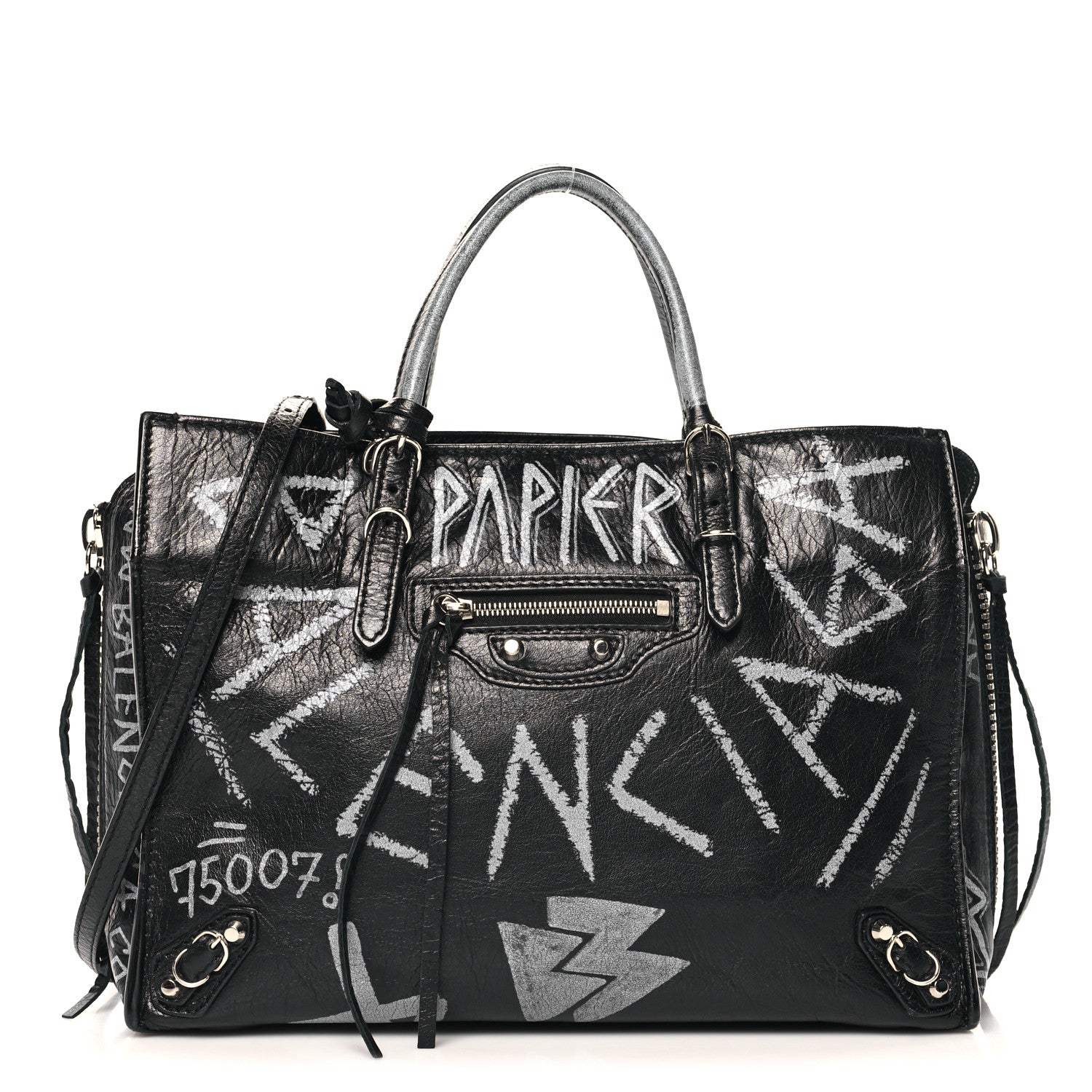 Balenciaga Agneau Graffiti Papier A6 Zip Around Tote Black White