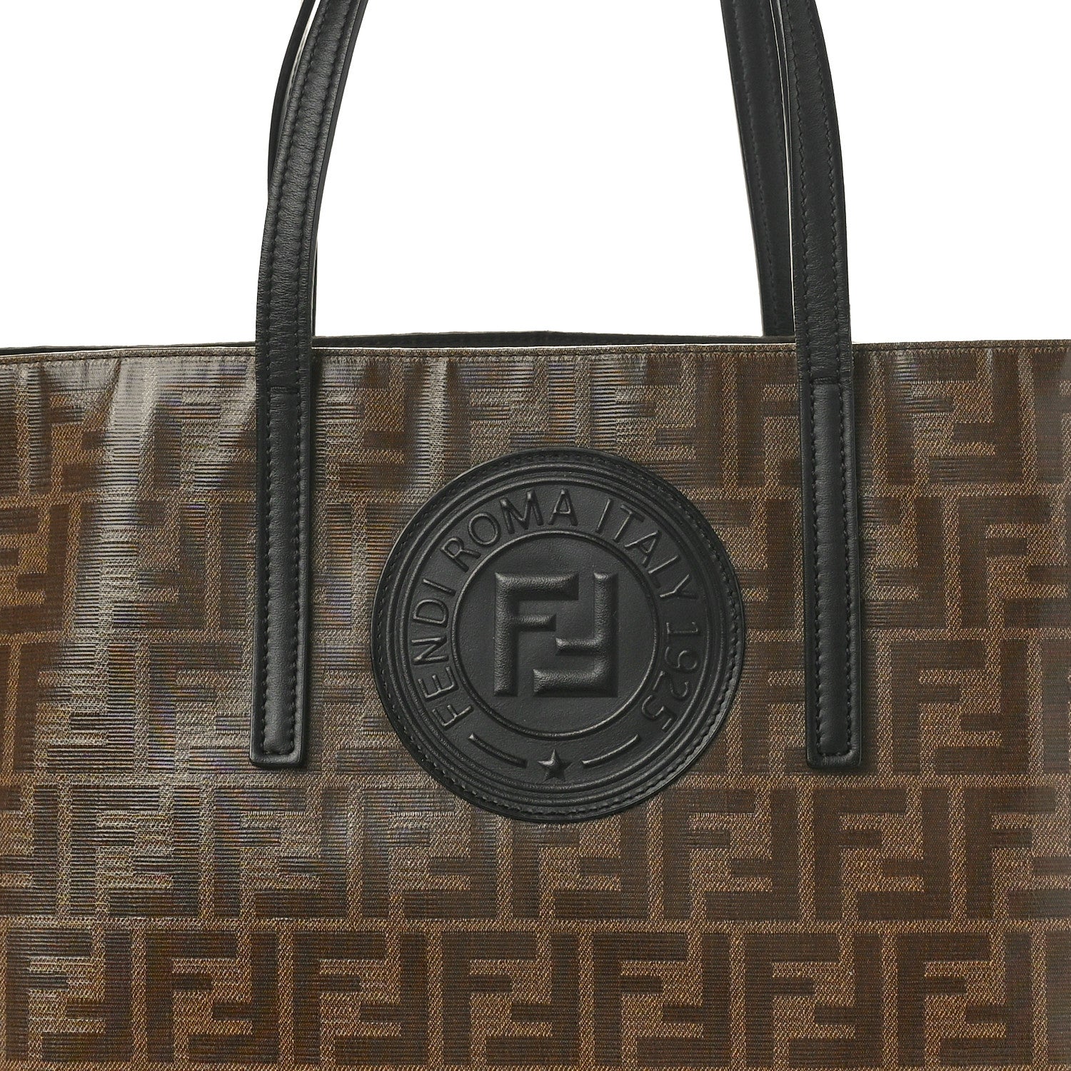 Fendi Glazed Fabric Vitello Century FF 1974 Stamp Patch Shopping Tote Mogano Panna Black 8 of 10