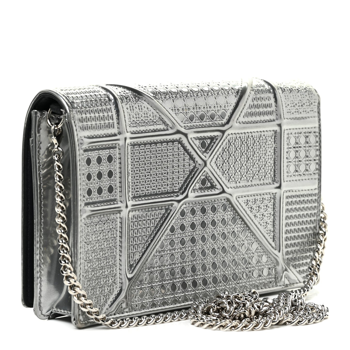 Metallic Patent Micro-Cannage Diorama Wallet on Chain Pouch Silver