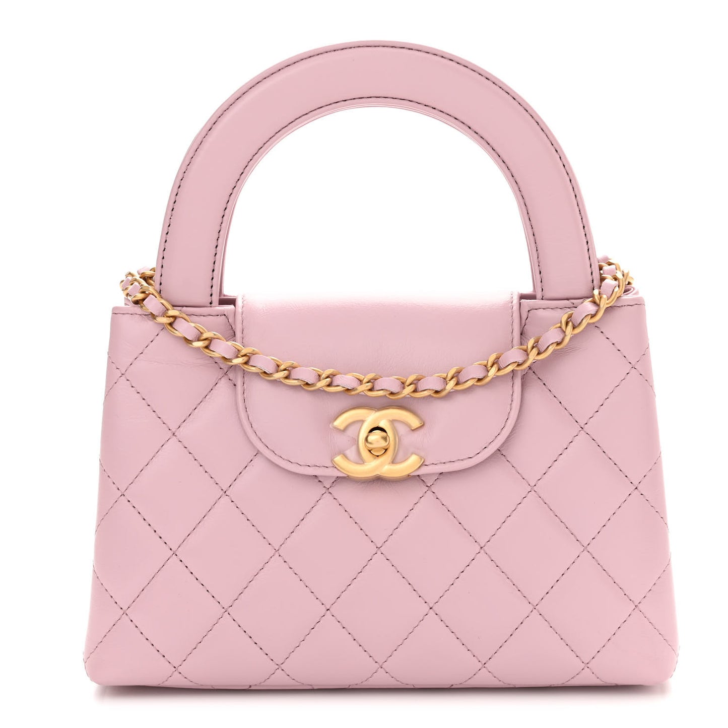 Shiny Aged Calfskin Quilted Nano Kelly Shopper Pink