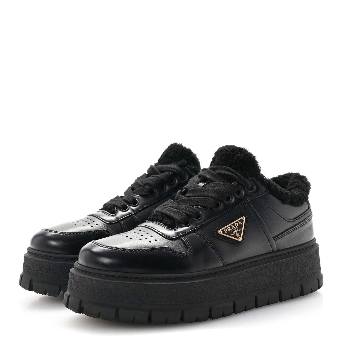 Calfskin Shearling Metal Triangle Logo Sneakers 35.5 Black