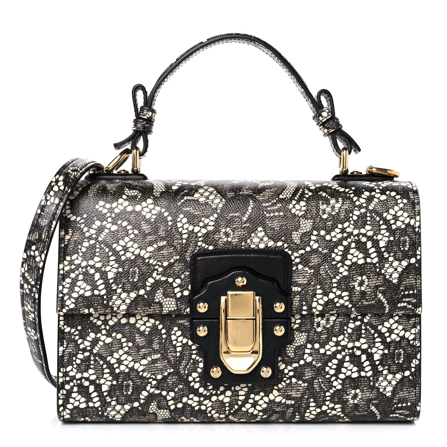 Lace Printed Calfskin Lucia Top Handle Bag Black