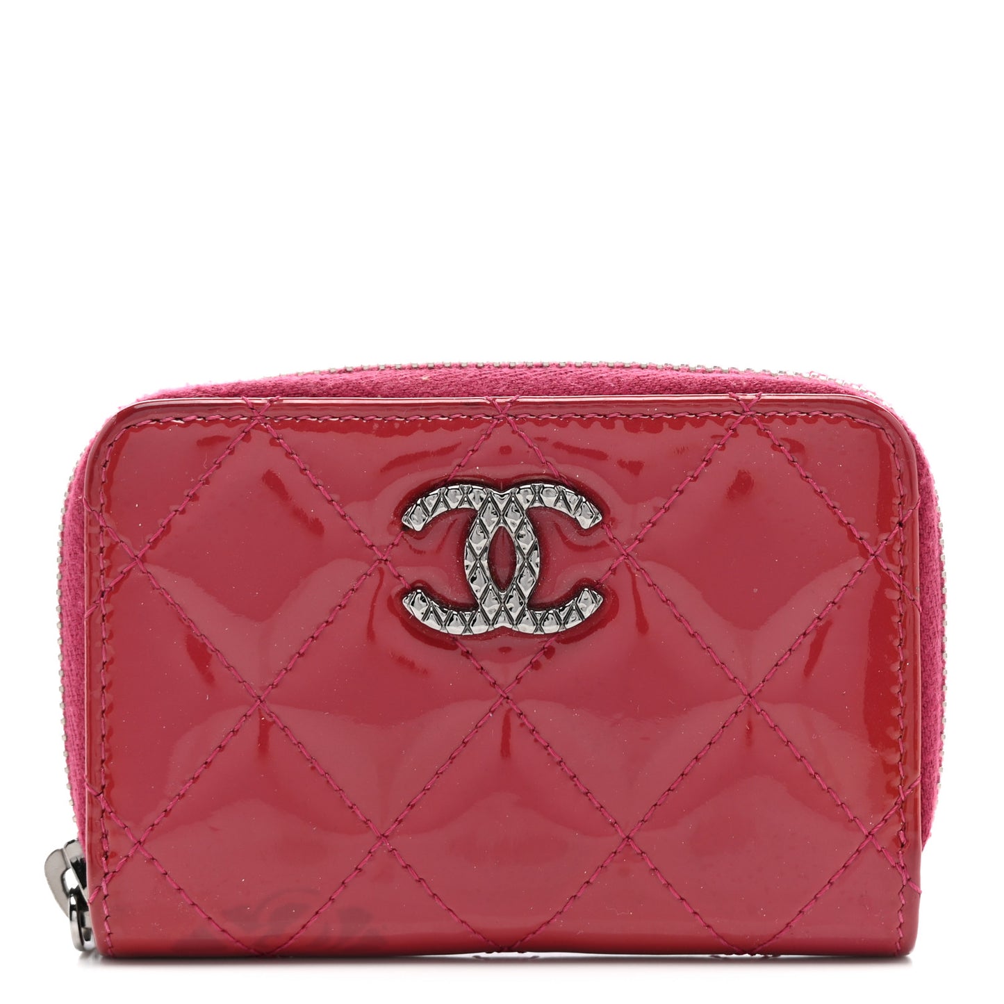 Patent Calfskin Quilted Brilliant Zip Coin Purse Wallet Red