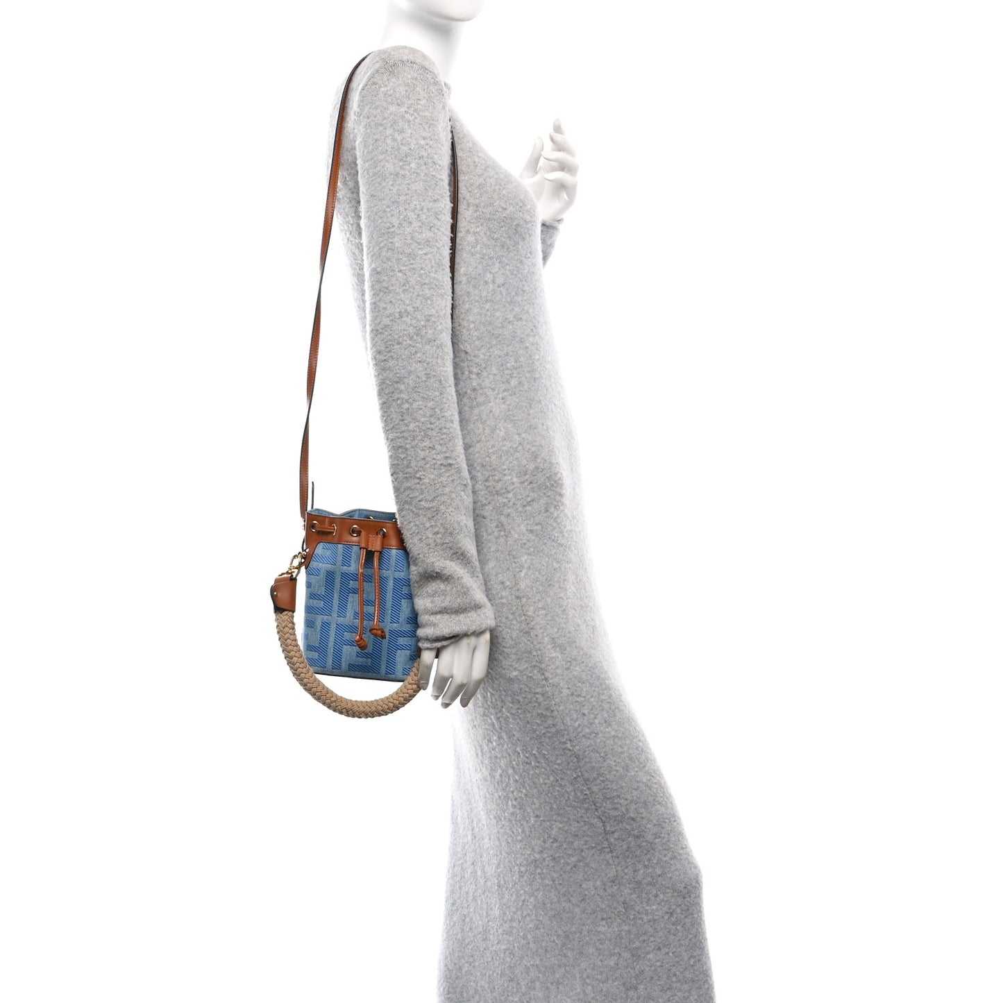 Denim Vitello King F is Fendi FF Embroidered Mini Mon Tresor Bucket Bag Denim Chiaro Brandy