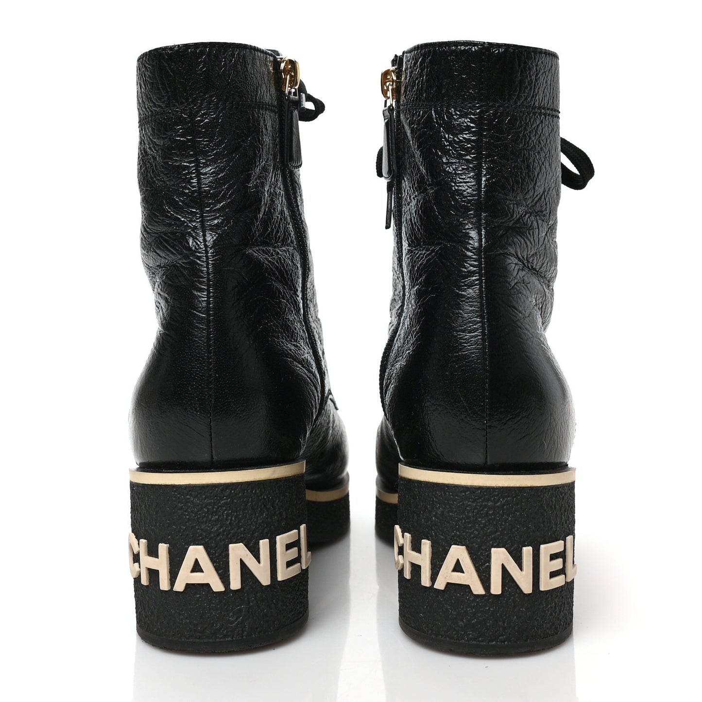 Shiny Crumpled Lambskin Lace Up Combat Boots 38 Black