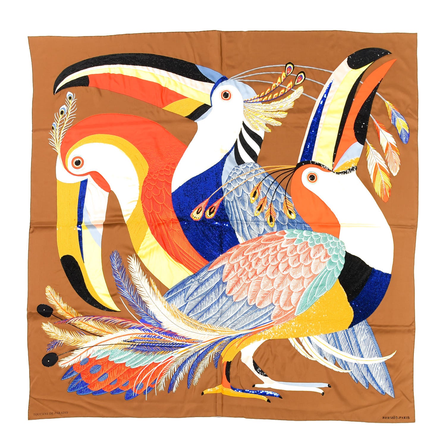 Hermes Silk Embroidered Giant Toucans De Paradis Scarf 140 Tabac Bleu Jaune 1 of 6