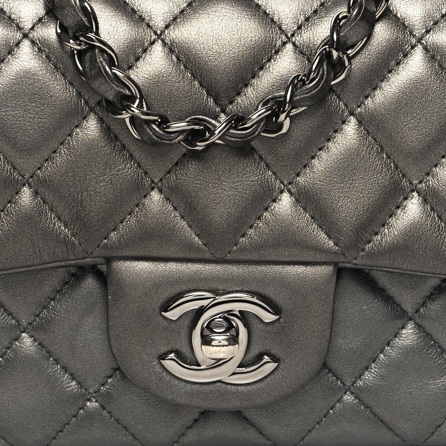 Iridescent Calfskin Quilted Mini Rectangular Flap Charcoal Grey